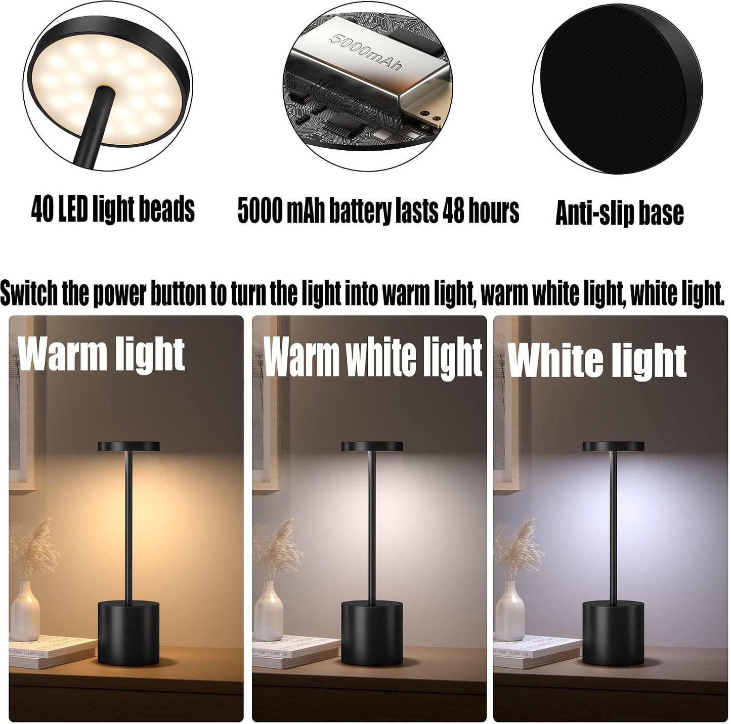 2Pack Cordless Table Lamp, Rechargeable LED Battery 5000mAh Metal USB Portable Powered Desk Lamp, 3 Levels Brightness