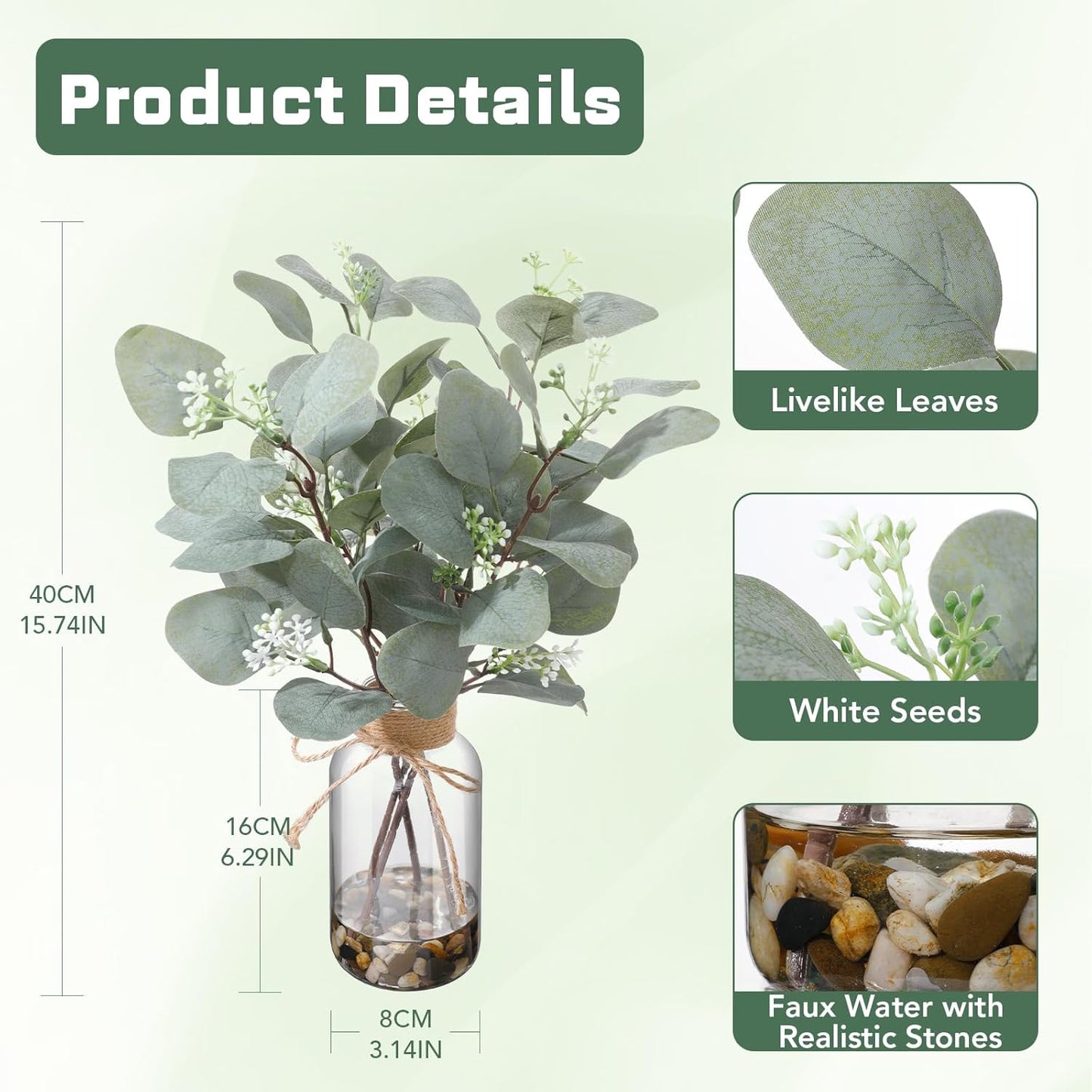 15.74" Artificial Eucalyptus Stems in Glass Vase / Sl-0975 / Natural