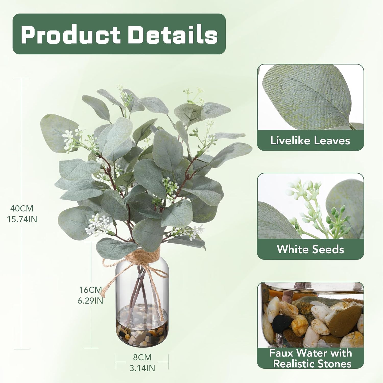 15.74" Artificial Eucalyptus Stems in Glass Vase / Sl-0975 / Natural