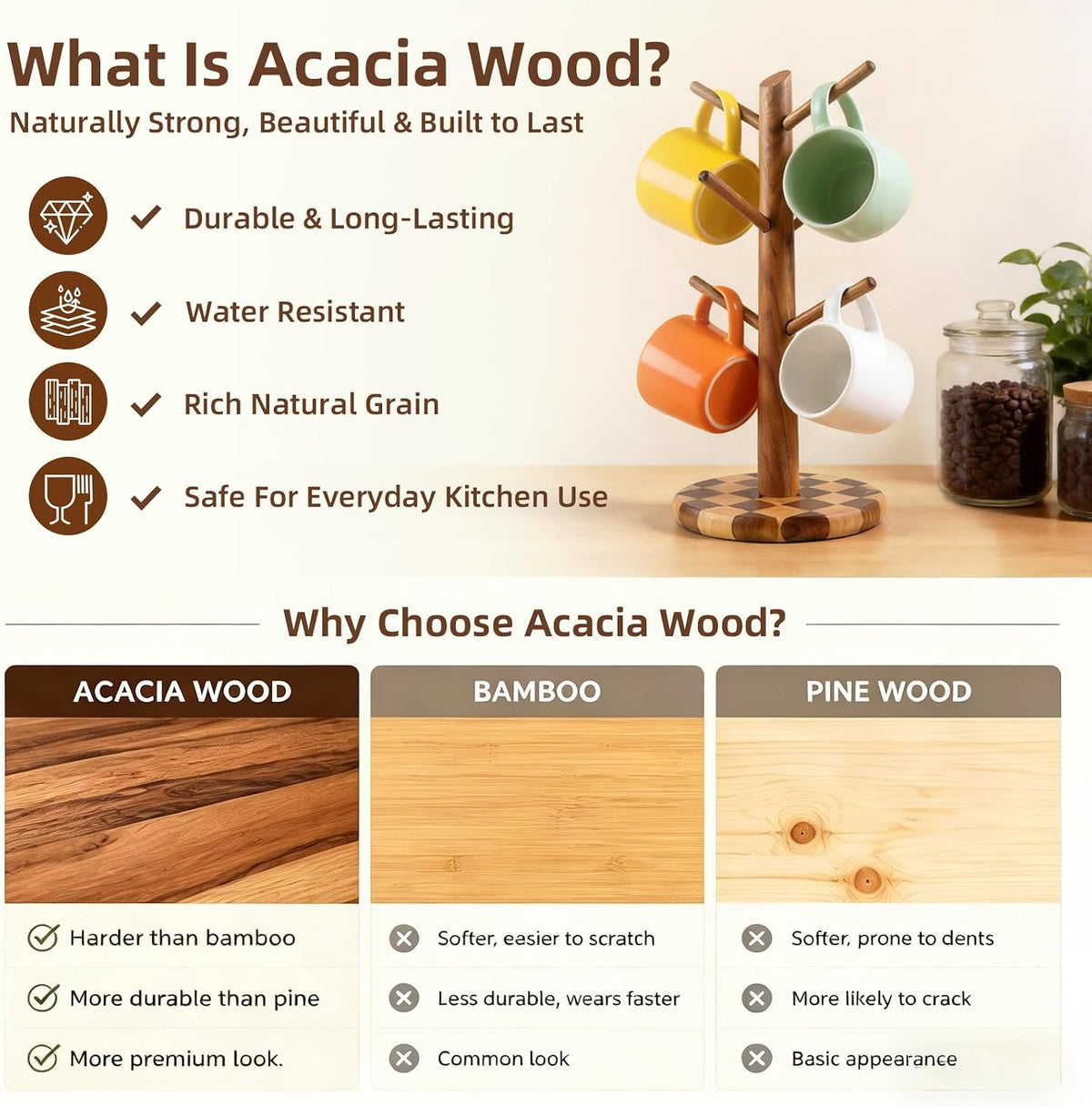 Natural Wood Mug Holder for Counter Top, Acacia Wood Coffee Mug Tree | Non-Slip Wooden Mug Organizer for Kitchen