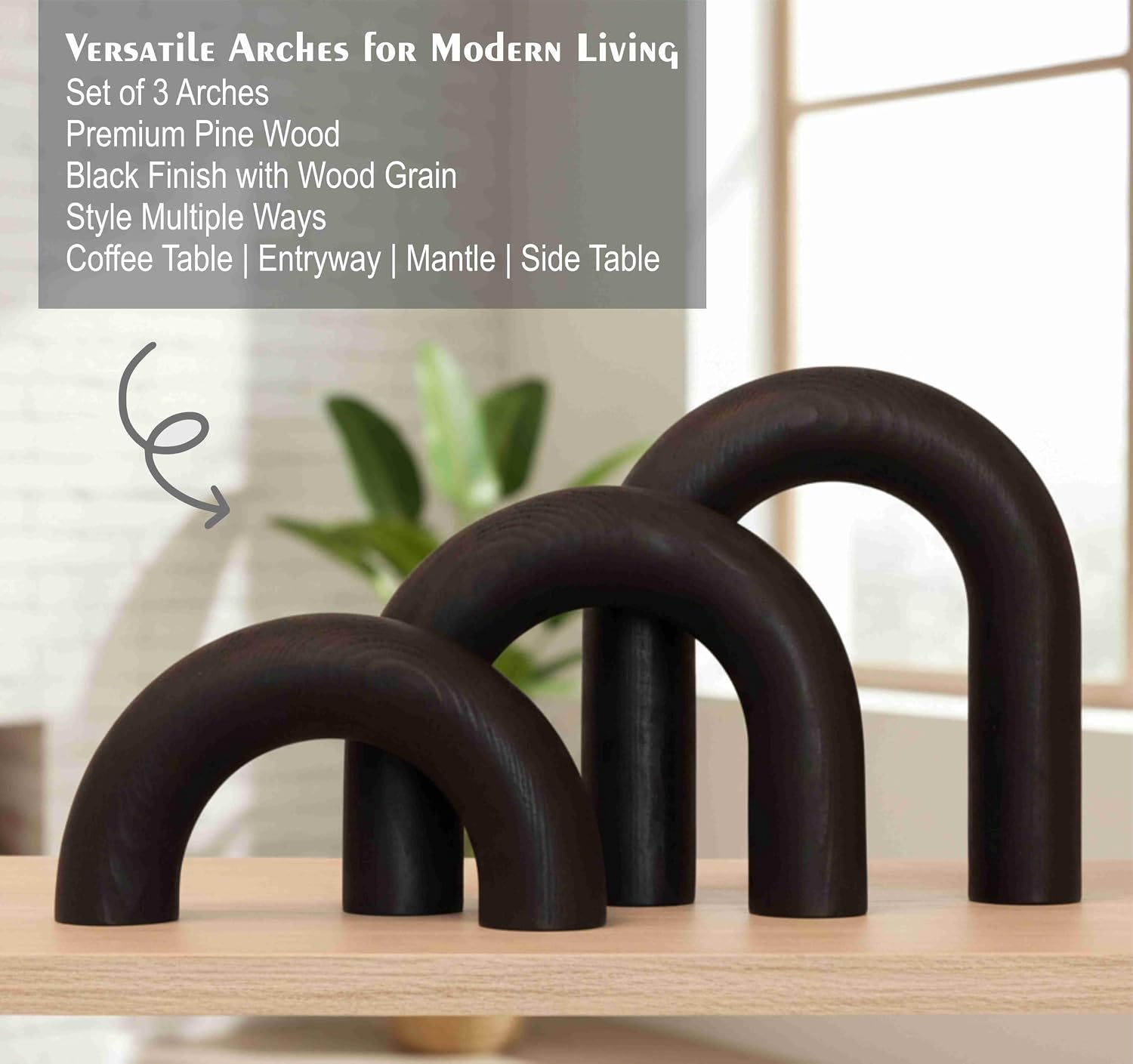 Wooden Arches Decorative Object / Black Stain / Set of 3