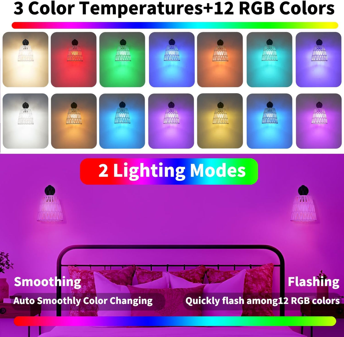 Boho Battery Operated Wall Sconce Set of 2, White Rattan Rechargeable Wall Lights with Dimmable Bulbs and Remote,15