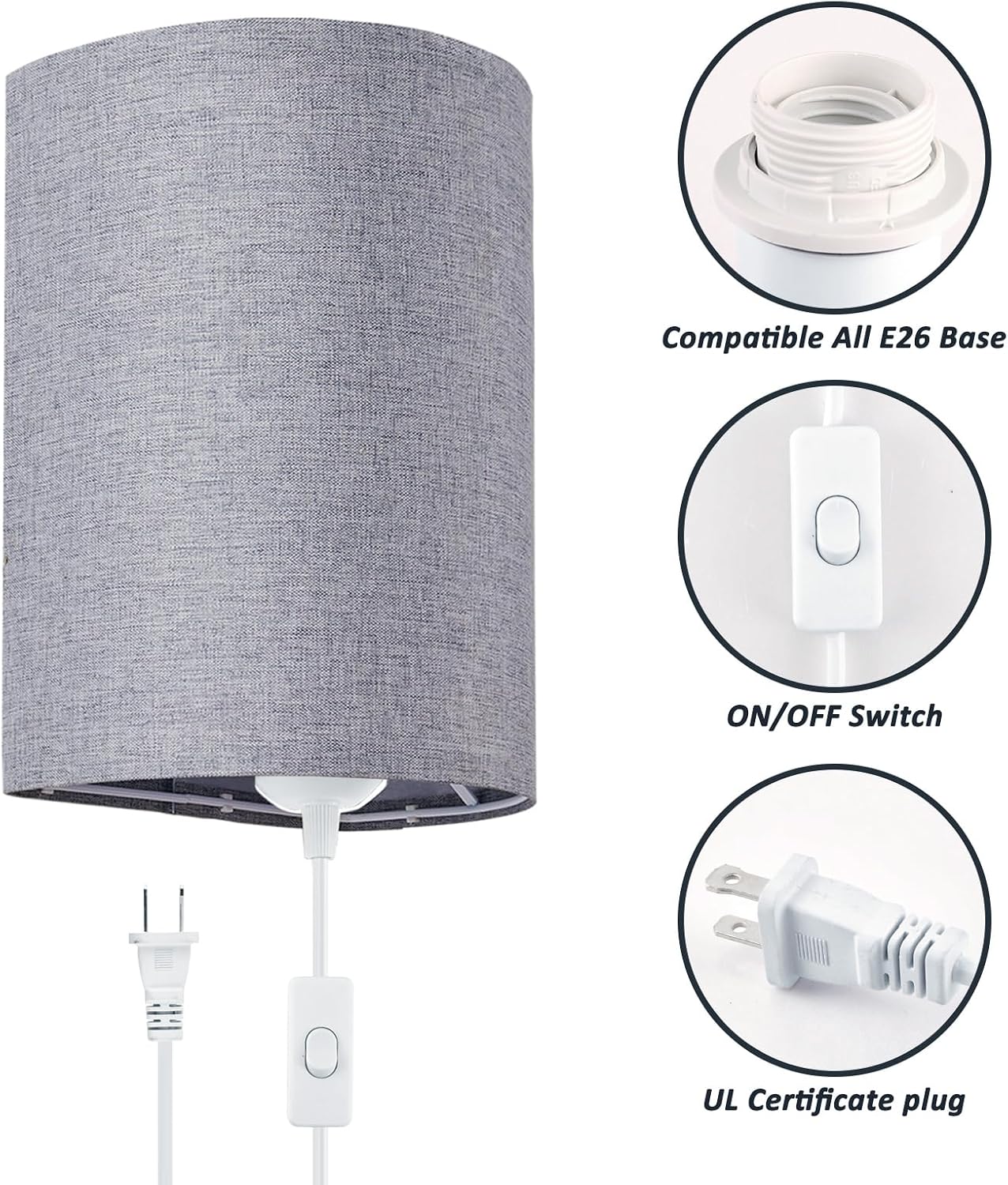 Wall Sconces Set of 2, Plug in Wall Sconces with On/Off Switch, 3-Color Selectable (3000K/4000K/6000K), Fabric Linen