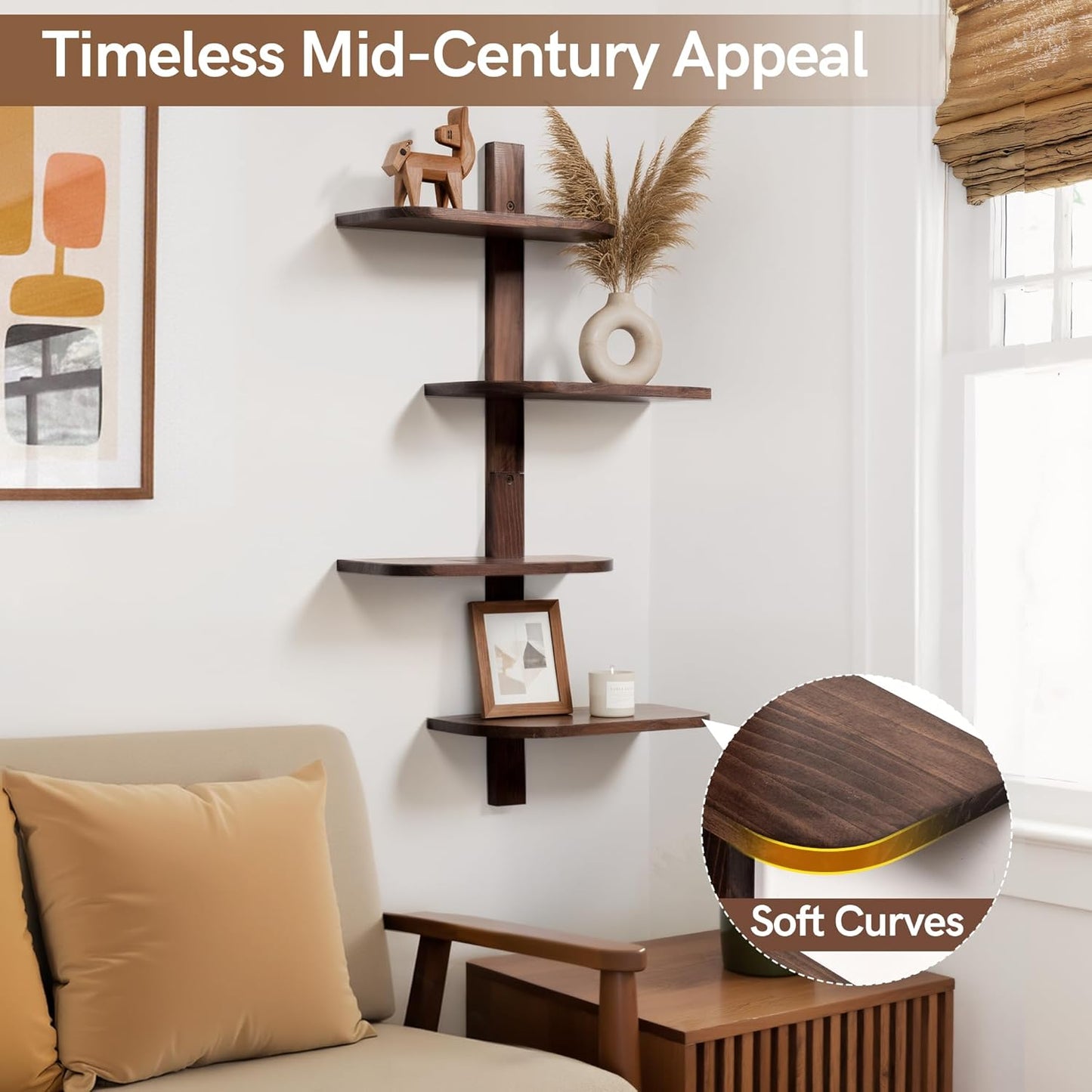 Mid Century Modern Decor Floating Shelves Display Shelf Wall Unit Solid Wood Decorative / Walnut