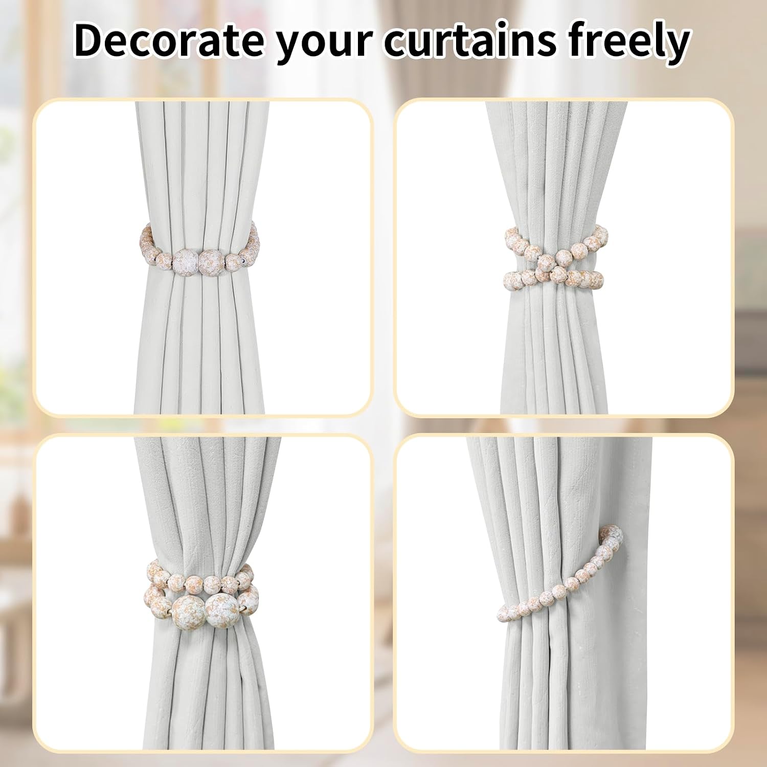 KLOGTSIND Magnetic Curtain Tiebacks, 6 Pack Wood Bead Curtain Holdbacks | Curtain Holders for Bedroom Decor, Boho Room