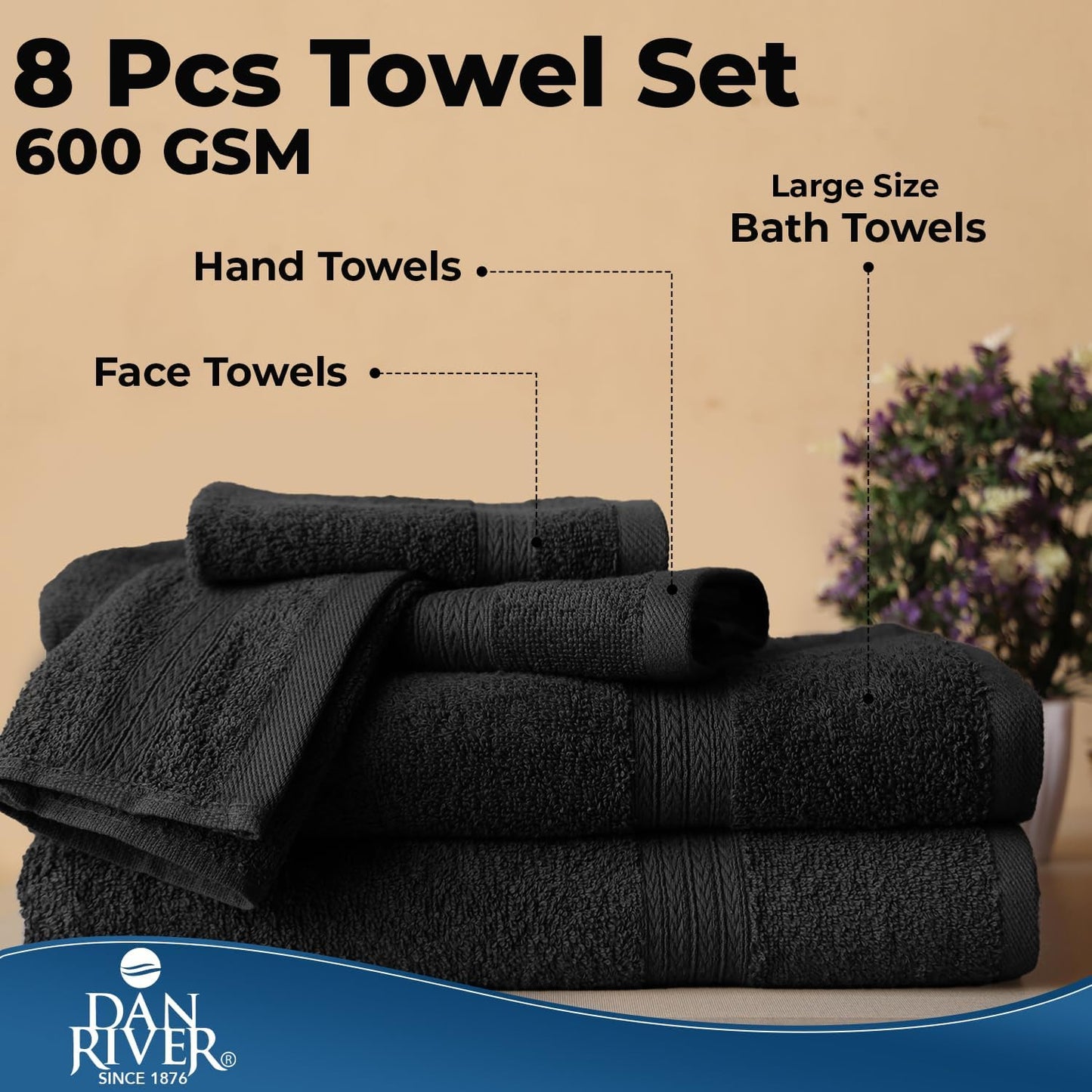 DAN RIVER 8 Piece Luxury Bath Towels for Bathroom, Towel Set, Black | 2 Bath towels, 2 Hand towels, and 4 Wash Cloths