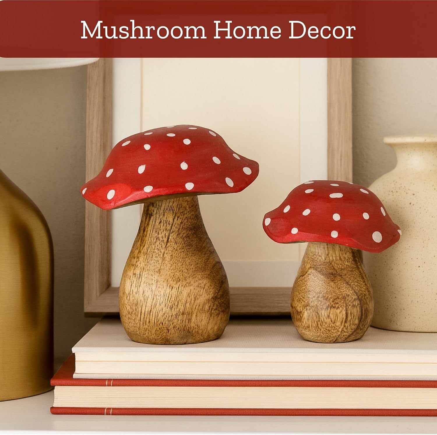 Wooden Mushrooms Decorative Figurines / Red / Set of 2