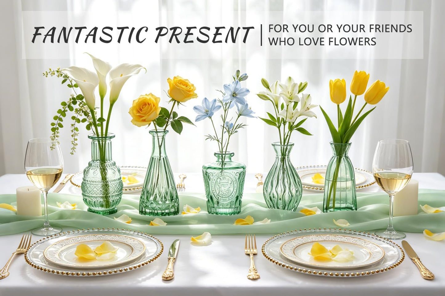 Glass Bud Vase Set / Green / Set of 6