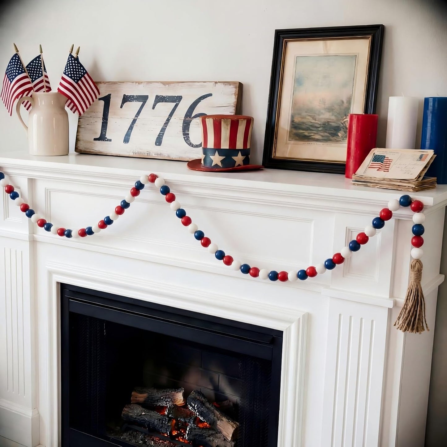 Wooden Bead Garland / Red, White, Blue