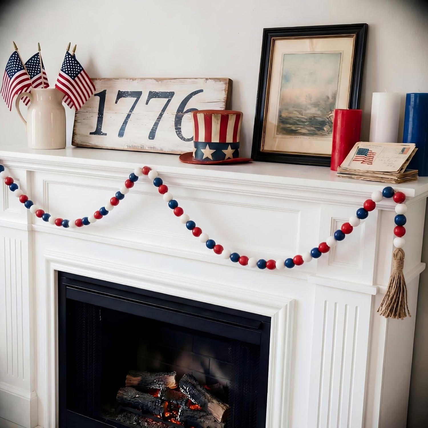 Wooden Bead Garland / Red, White, Blue