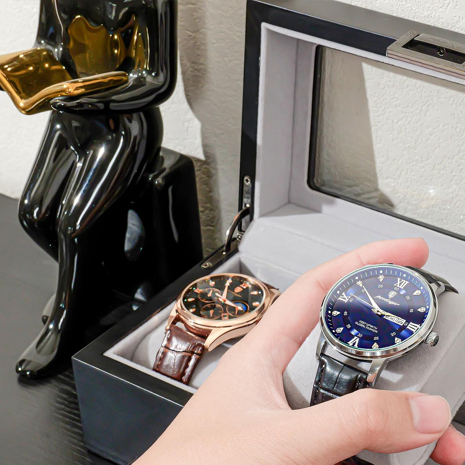 ProCase Wooden Watch Box, 3 Slot Mens Watch Display Case, MatteBlack | Wood Watches Holder Storage Organizer with Clear