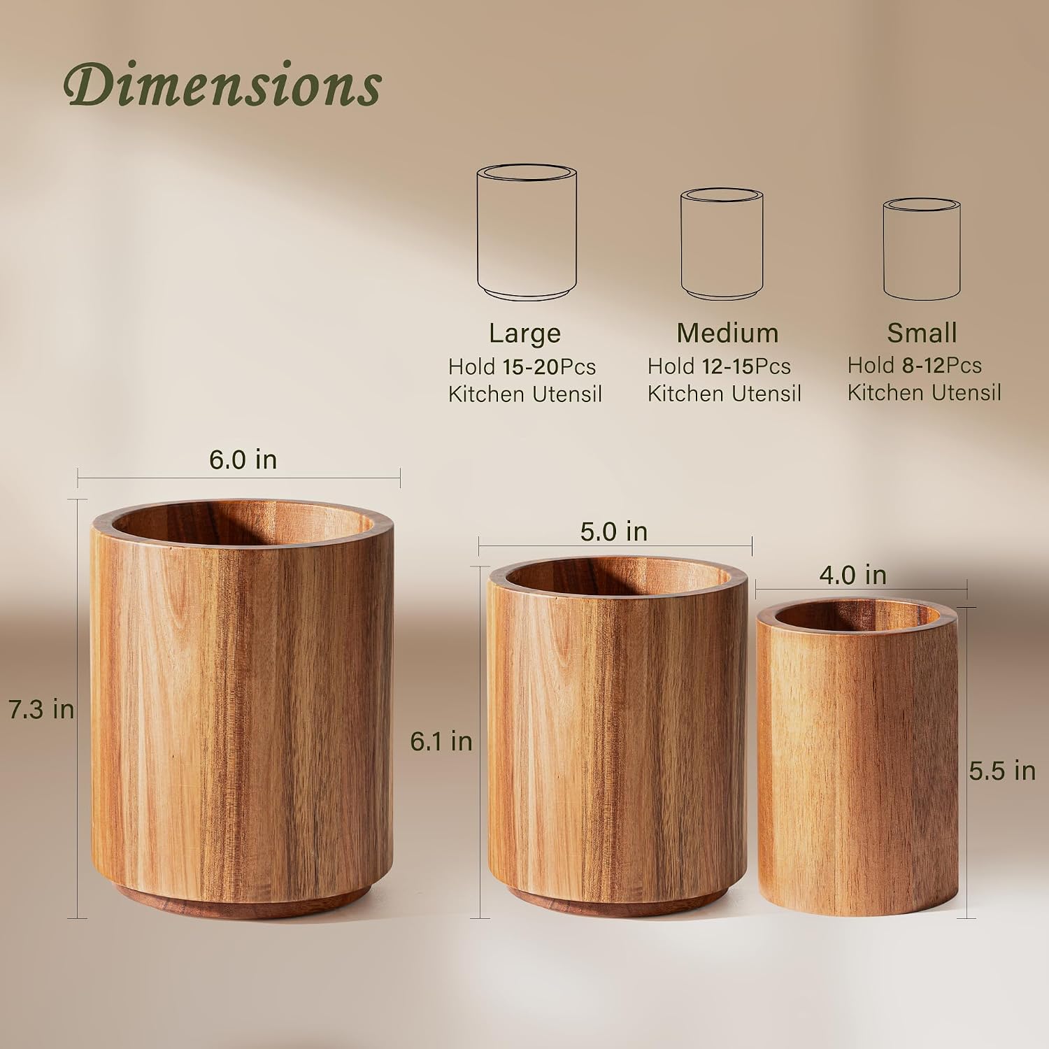 Utensil Holder 3 Pack, 360° Rotating Acacia Wood Cooking Utensil Crocks for Kitchen Counter, Farmhouse & Modern Decor
