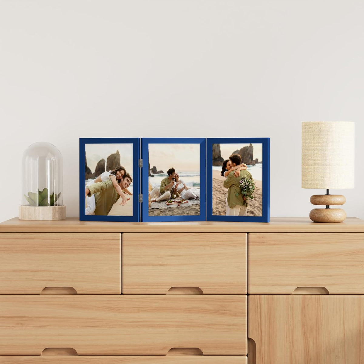 decorUhome Blue Triple 8x10 Picture Frame Vertical, MDBU08 | "Z" Shape Folding Design Engineered Wood Trifold Photo
