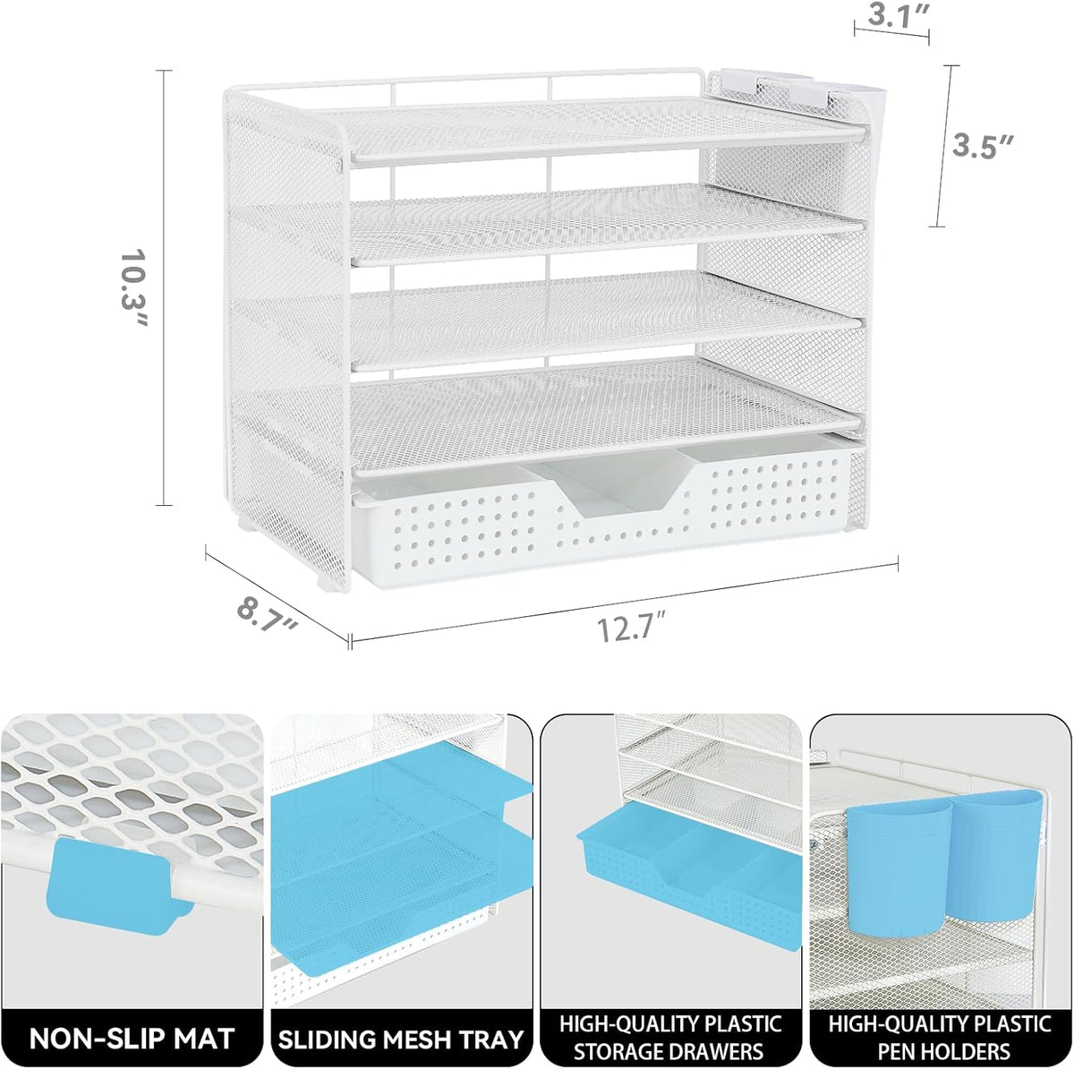 LEKETREE Desk Organizer and Accessories, 5-Tier Paper Letter Tray Organizer with Drawer & 2 Pen Holders for Desktop