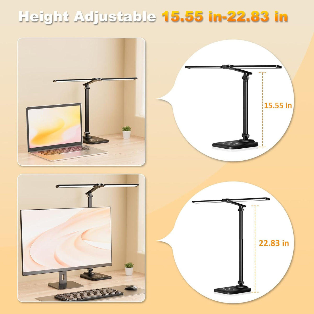LED Desk Lamp for Office Home, Height Adjustable Architect Desk Light with USB Adapter, Stepless Dimming Desk Lamp