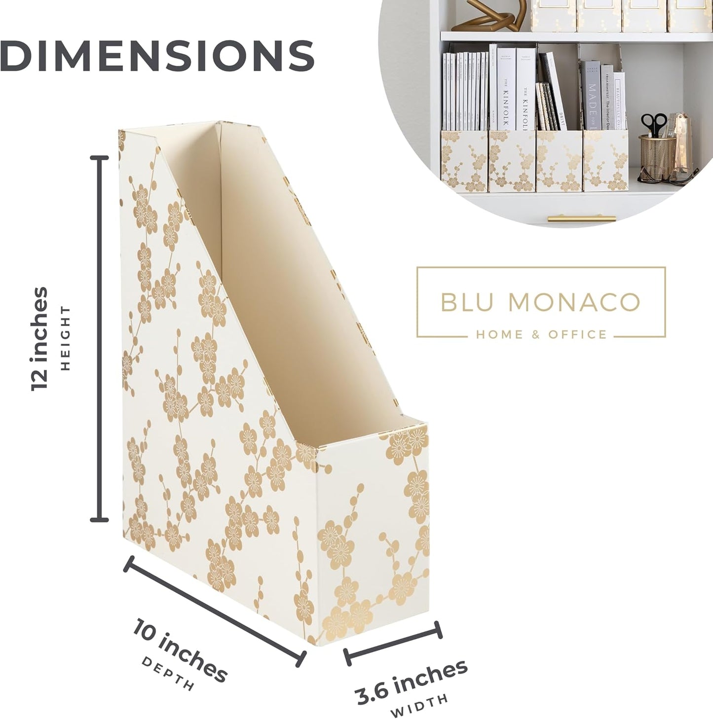 BLU MONACO | Set of 4 Foldable Magazine Storage Boxes with Gold Floral Pattern | Decorative Vertical File Organizers