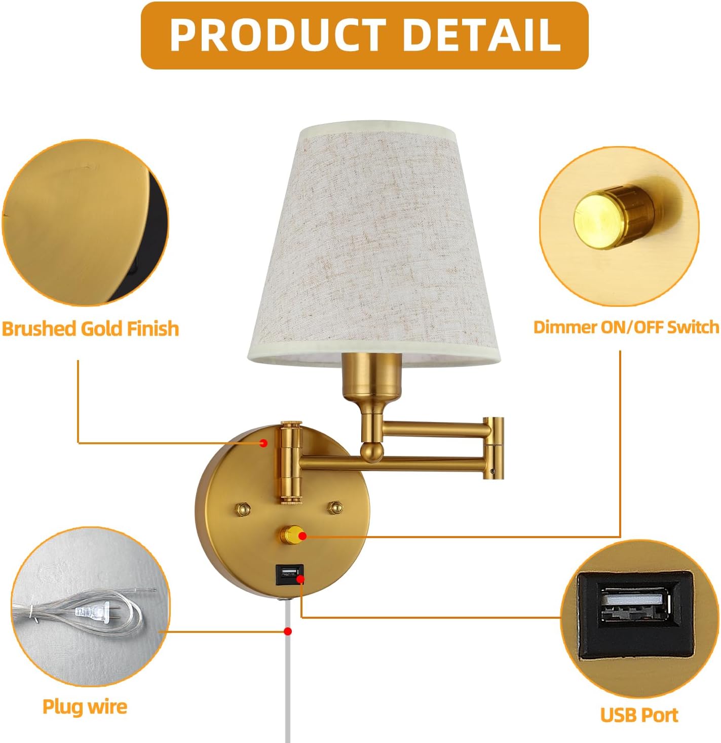 Bedside Wall Mount Light with Dimmable Switch and USB Port, Gold Swing Arm Fabric Shade Wall Sconce Light with Plug in
