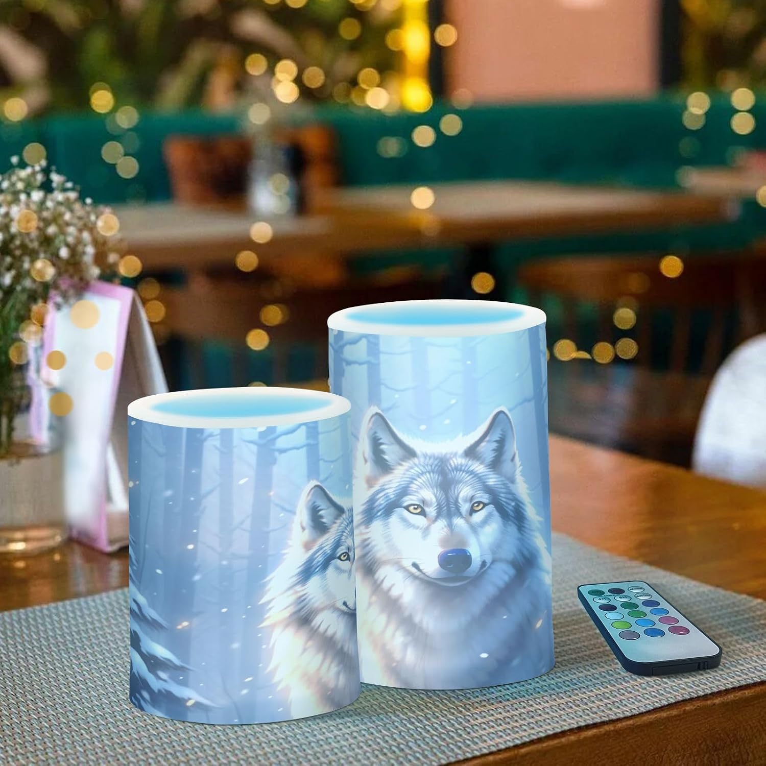 Flickering Flameless Candles, Wolf Winter Forest LED Candles with Remote Timer, Set of 2 Battery Operated Candle for
