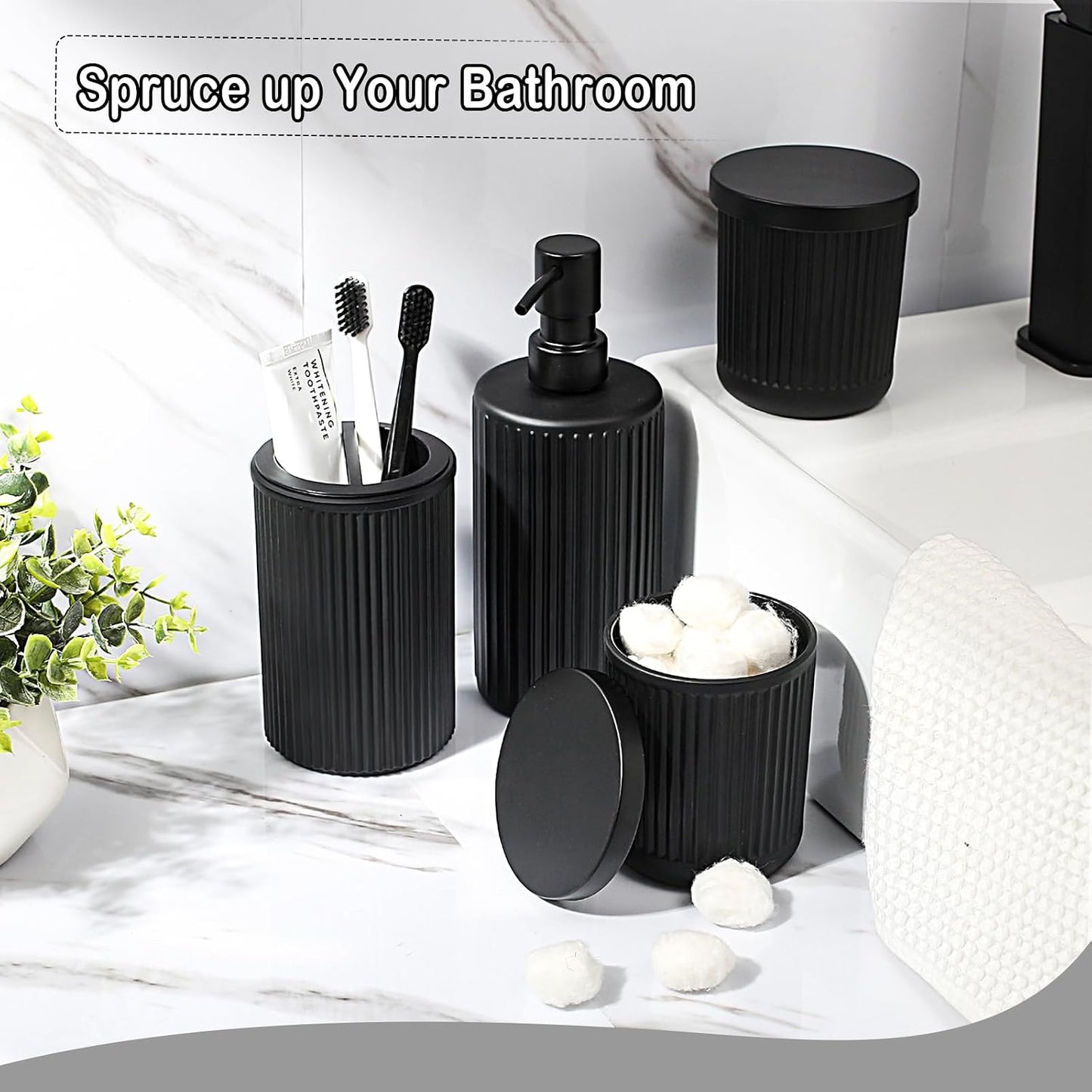 KASUNTING Matte Black Bathroom Accessories Set, 4 Pcs Glass Bathroom Accessory Set, Soap Dispenser, Toothbrush Holder