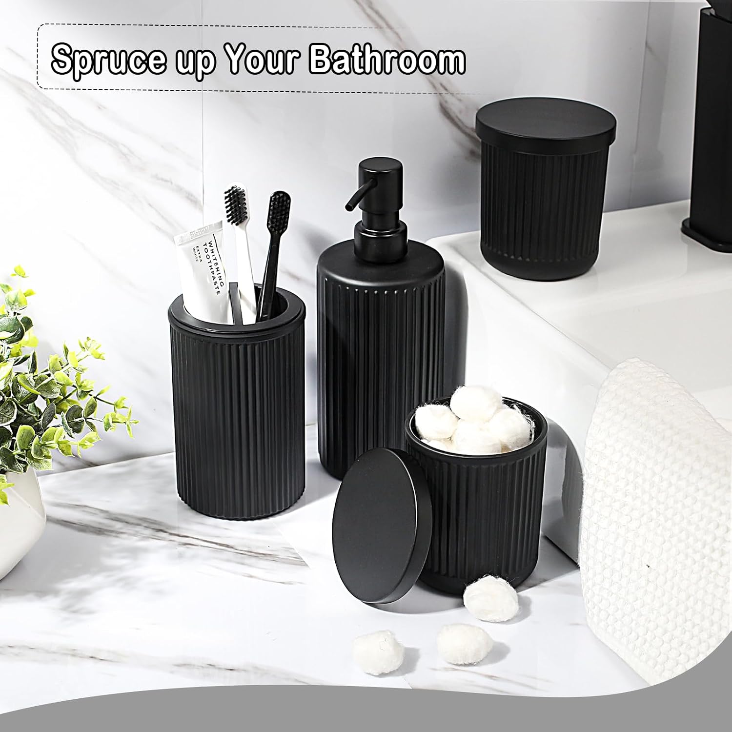 KASUNTING Matte Black Bathroom Accessories Set, 4 Pcs Glass Bathroom Accessory Set, Soap Dispenser, Toothbrush Holder