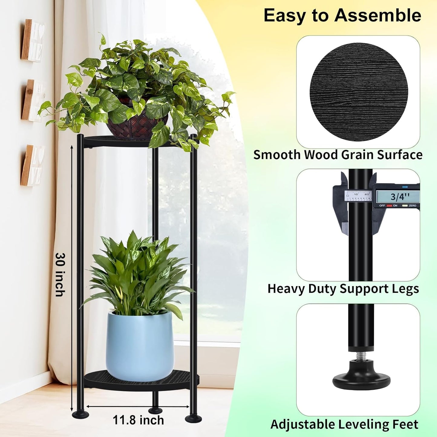 30 inch Tall Plant Stand Indoor for Living Room, Balcony, Bedroom, 2-Pack | Rustic Industrial Wood Flower Holder for