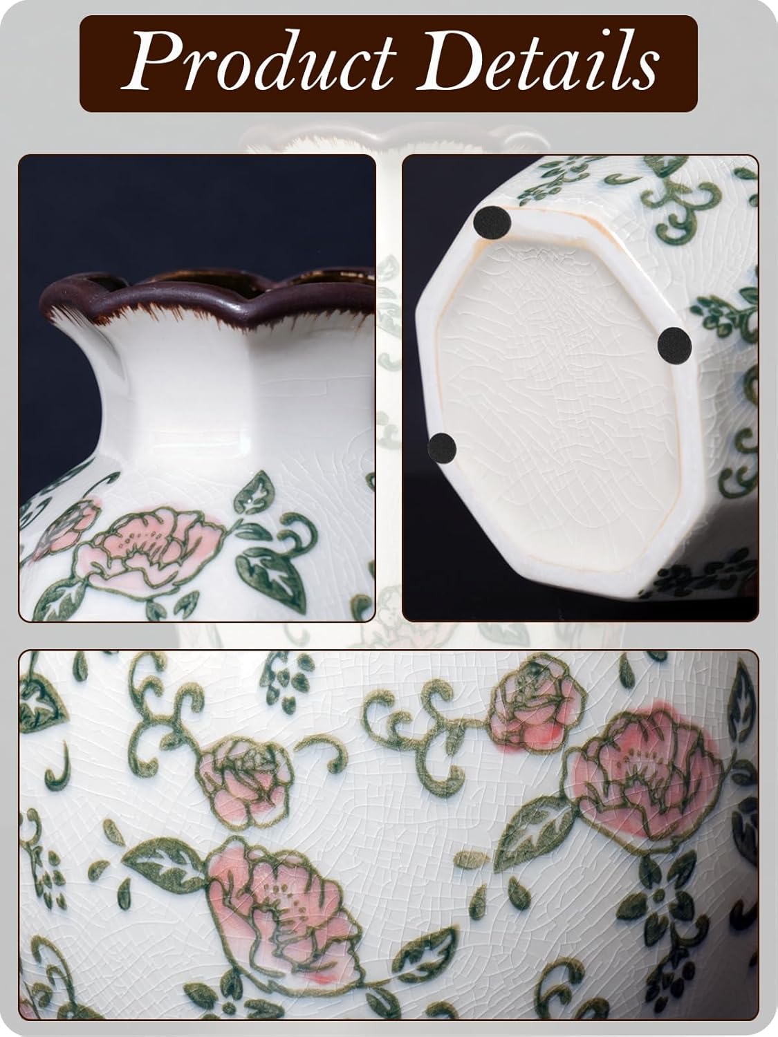Vintage Ceramic Vase / Beige and Red-003 / 9 Inch
