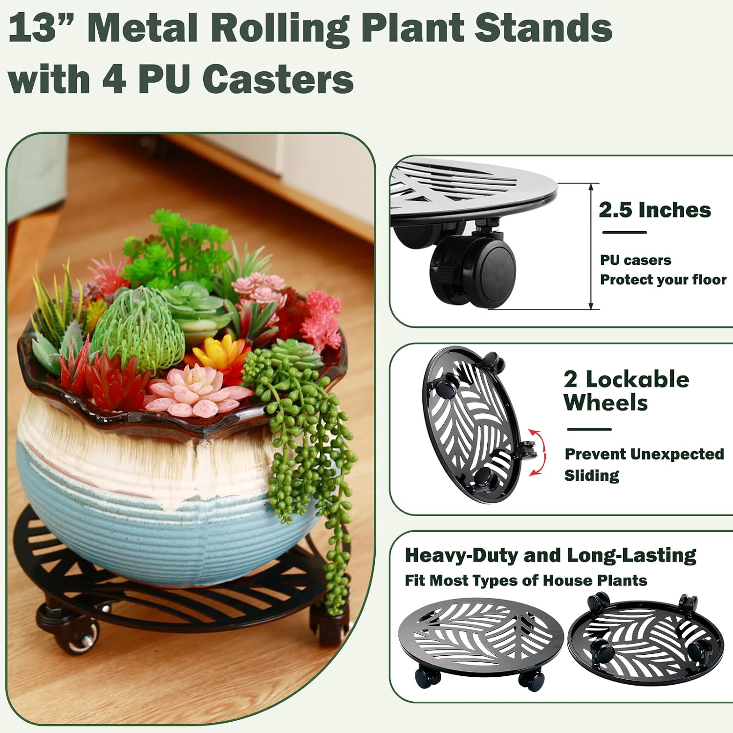 3 Packs 13 inches Large Metal Plant Caddy with PU Wheels Heav-Duty Rolling Plant Stands Indoor Outdoor Wheeled Plant