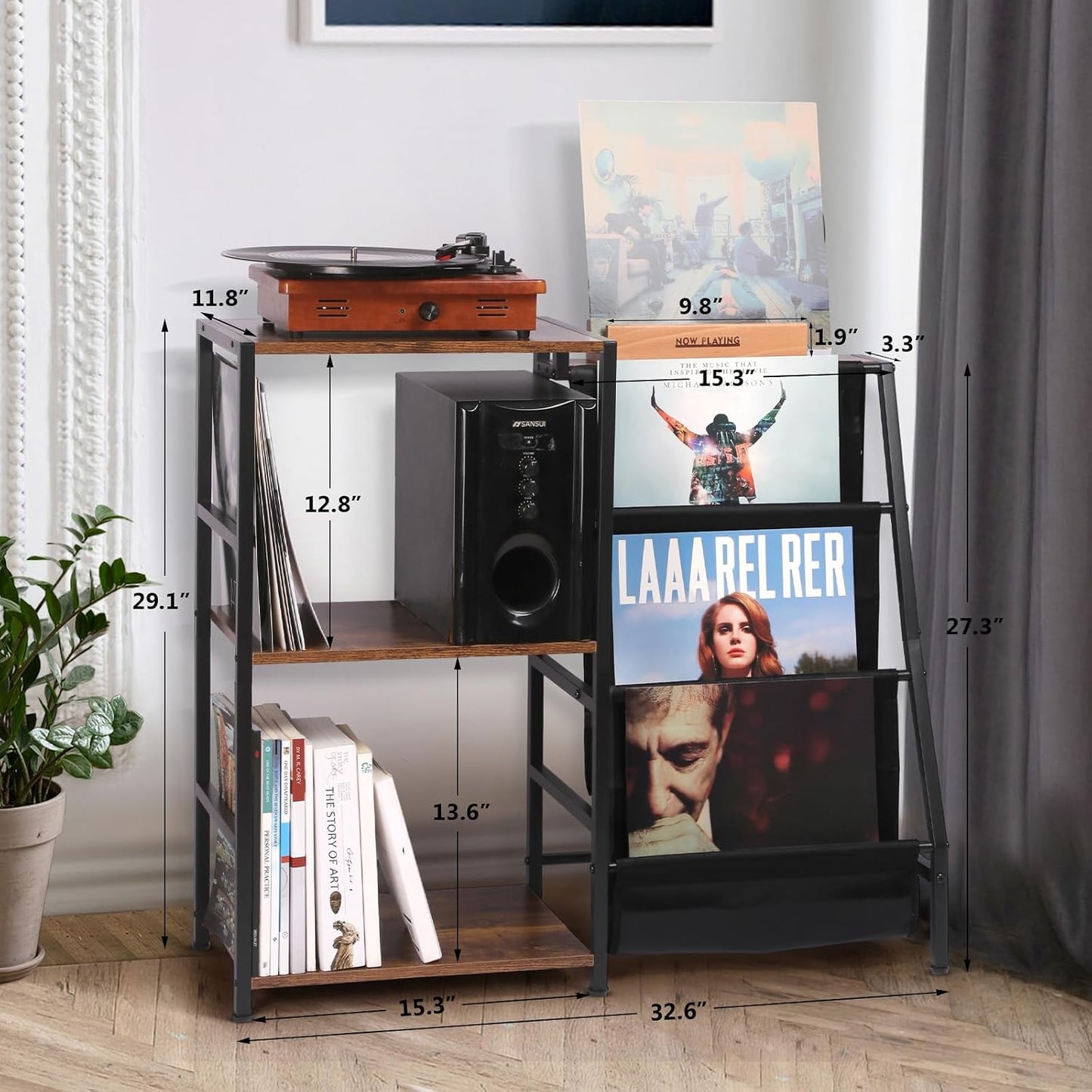 HYCFYJR Record Player Stand, Vinyl Record Storage with Now Playing Holder | 3 Tier Turntable Stand with Album Storage