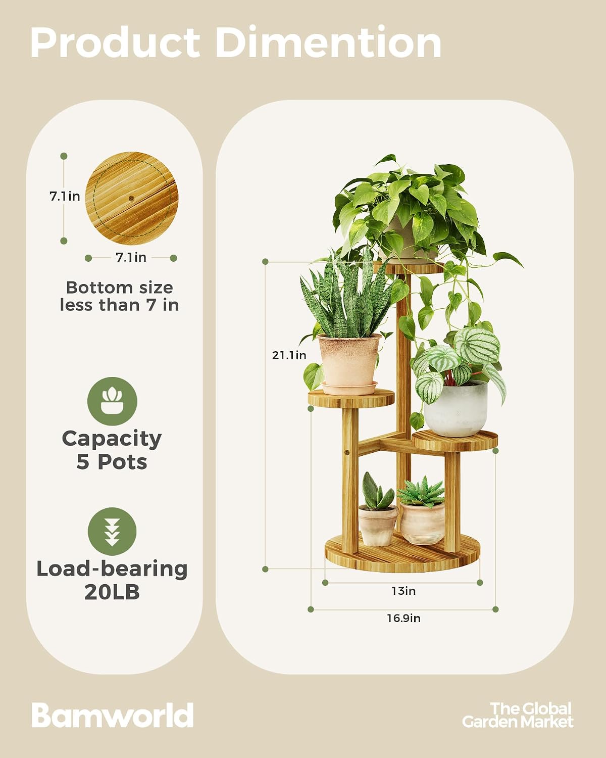 Bamworld Plant Stand Indoor Wood Plant Shelf 3 Tier Brown | plant holders for Multiple Plants Tall Corner Plant Stands