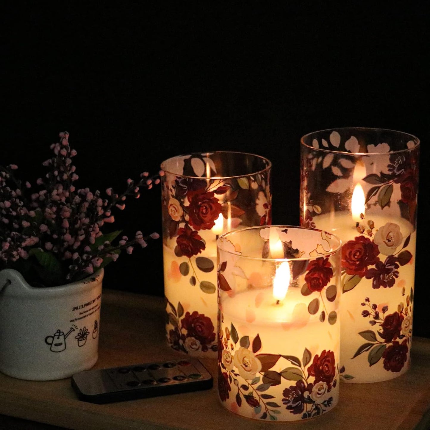 Rose Glass Flameless Candles Battery Operated with Remote Timer | LED Flickering Pillar Candles, Real Wax 400 Hours