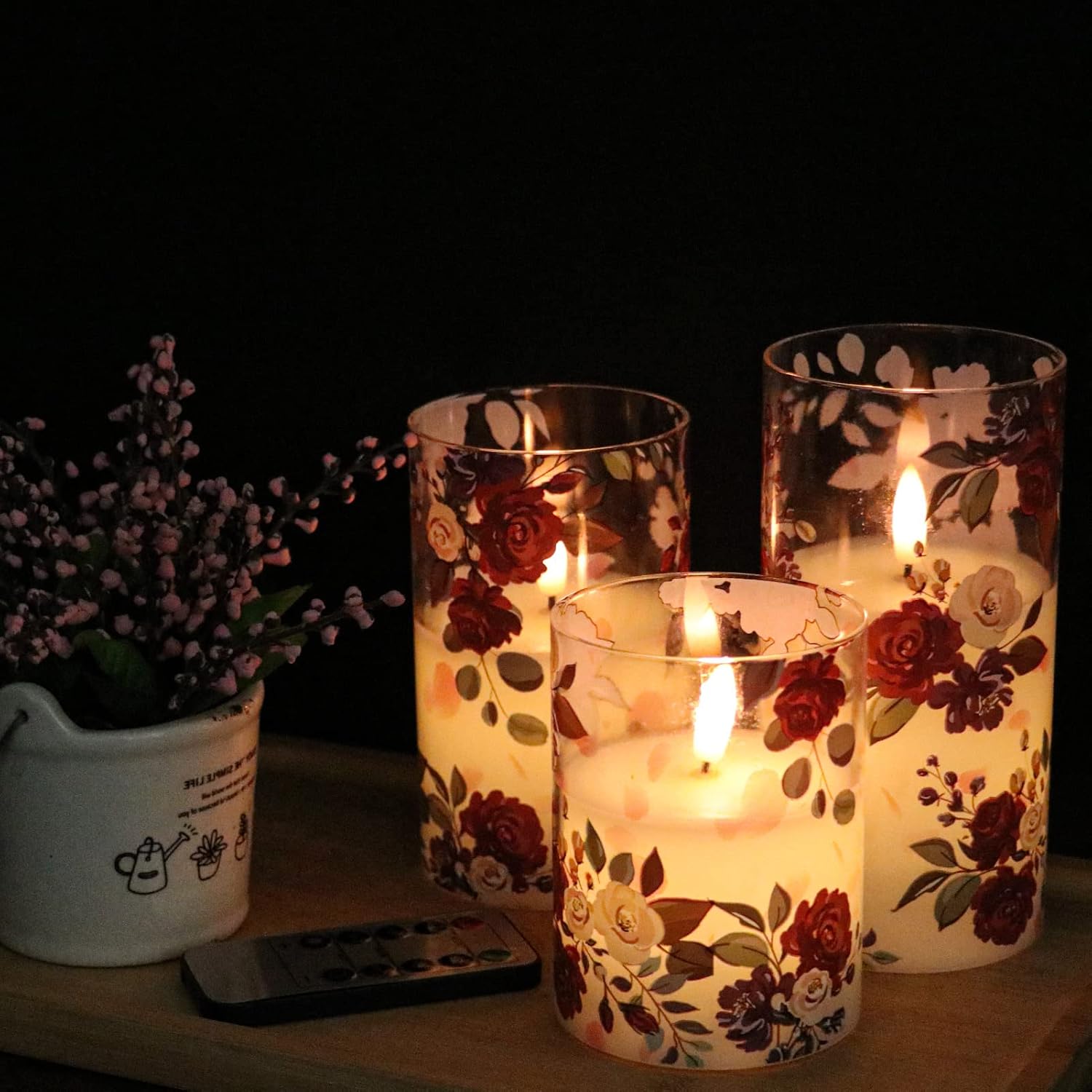Rose Glass Flameless Candles Battery Operated with Remote Timer | LED Flickering Pillar Candles, Real Wax 400 Hours