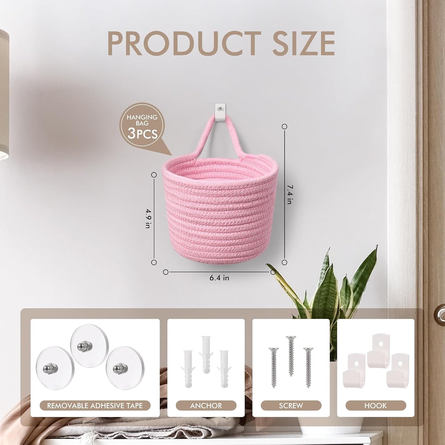Adhesive Hooks / Storage Organizers / Bright Pink & White / Set of 3