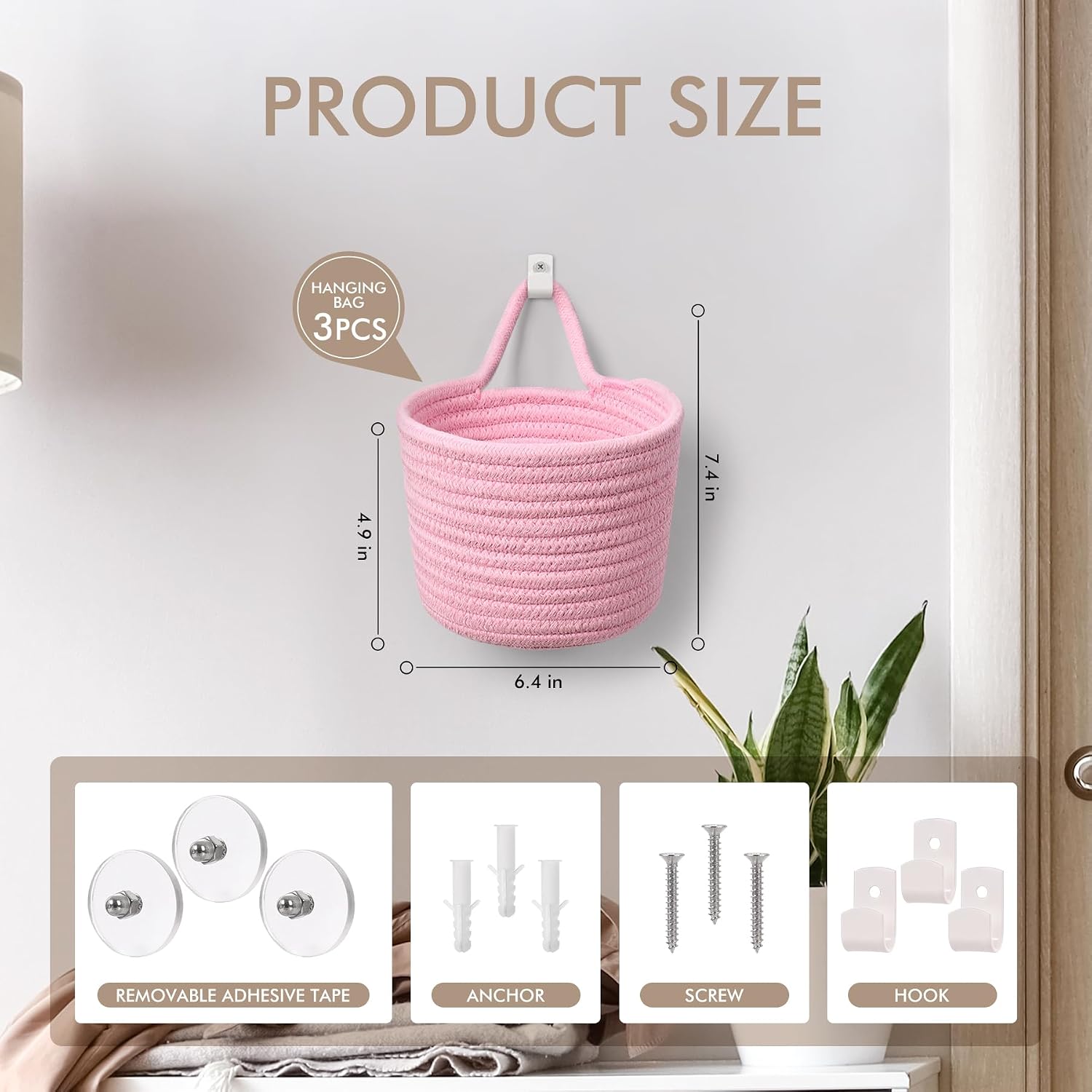 Adhesive Hooks / Storage Organizers / Bright Pink & White / Set of 3