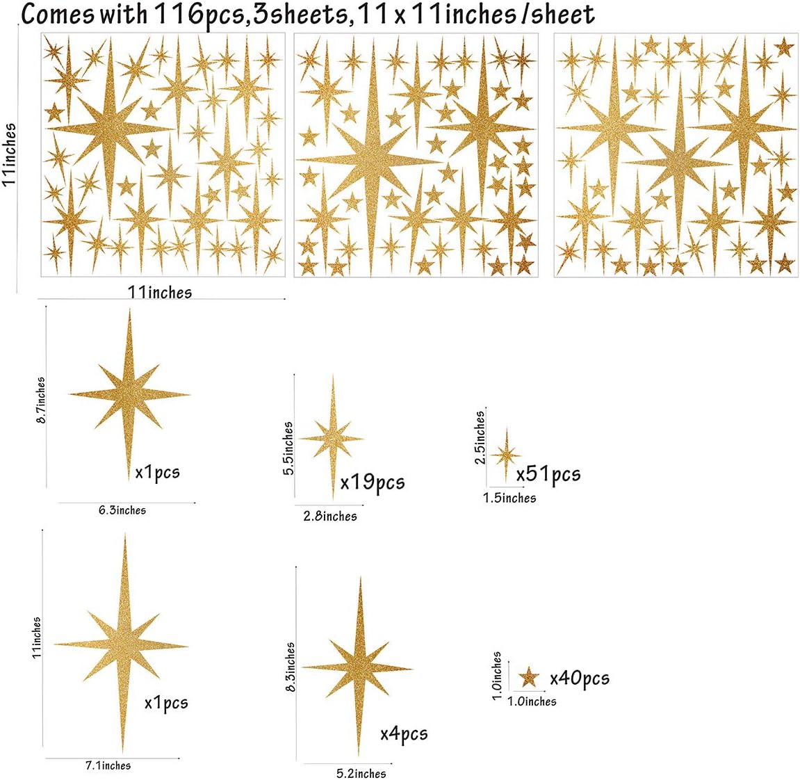 Star Wall Stickers Girls Room Wall Decals Sparkle Wall / Retro Starburst -vintage Gold / Set of 116