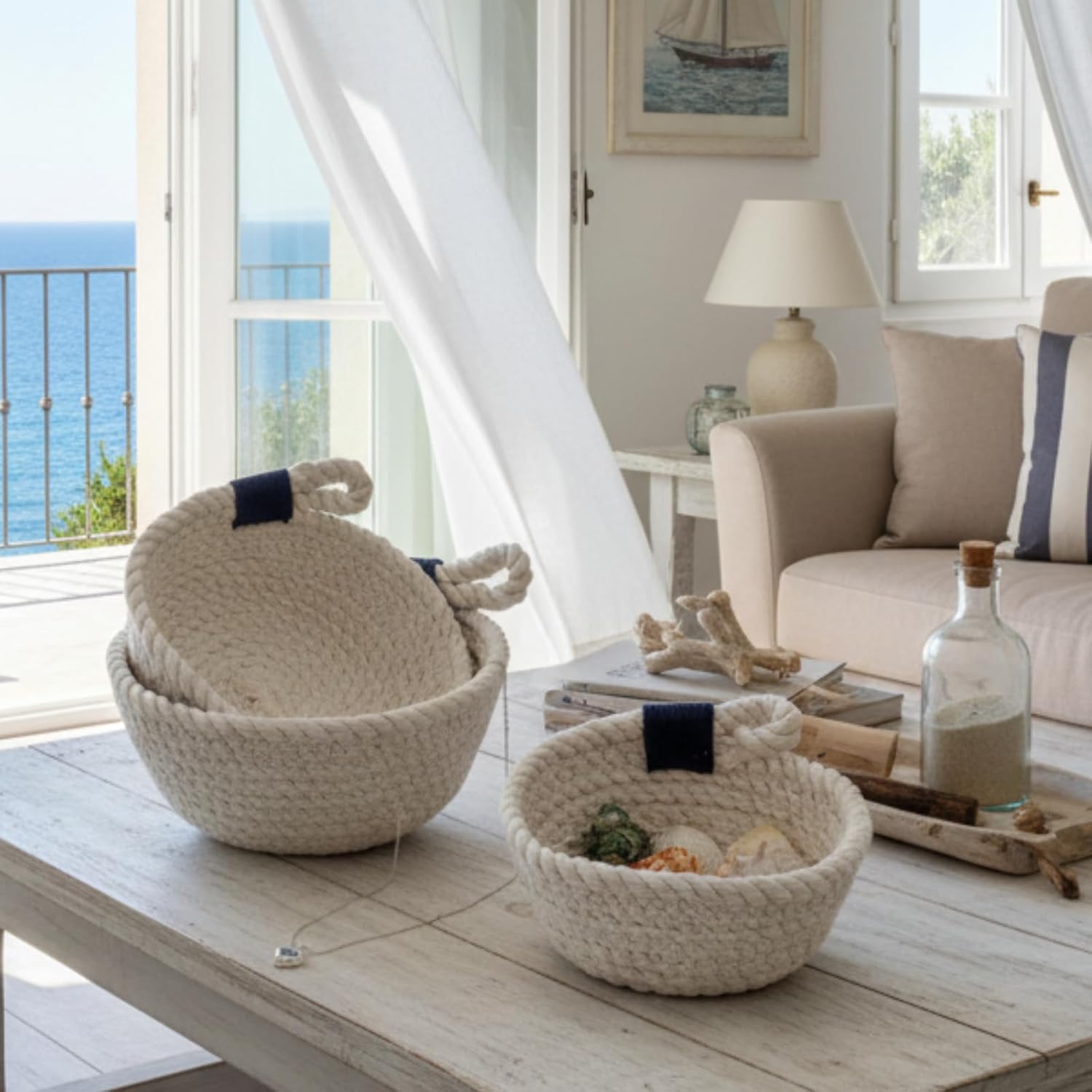 Coastal Centerpiece Woven Baskets Small Seashell Baskets / 5 Inch / Set of 3