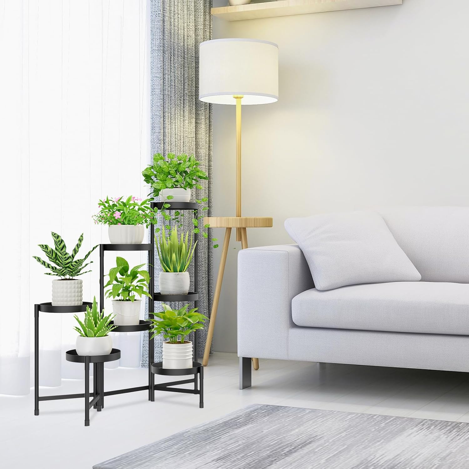 iDavosic.ly Plant Stand Indoor Outdoor, 7 Tier Metal Corner Shelf, Black | Tiered Flower Display Holder, Folding Multi
