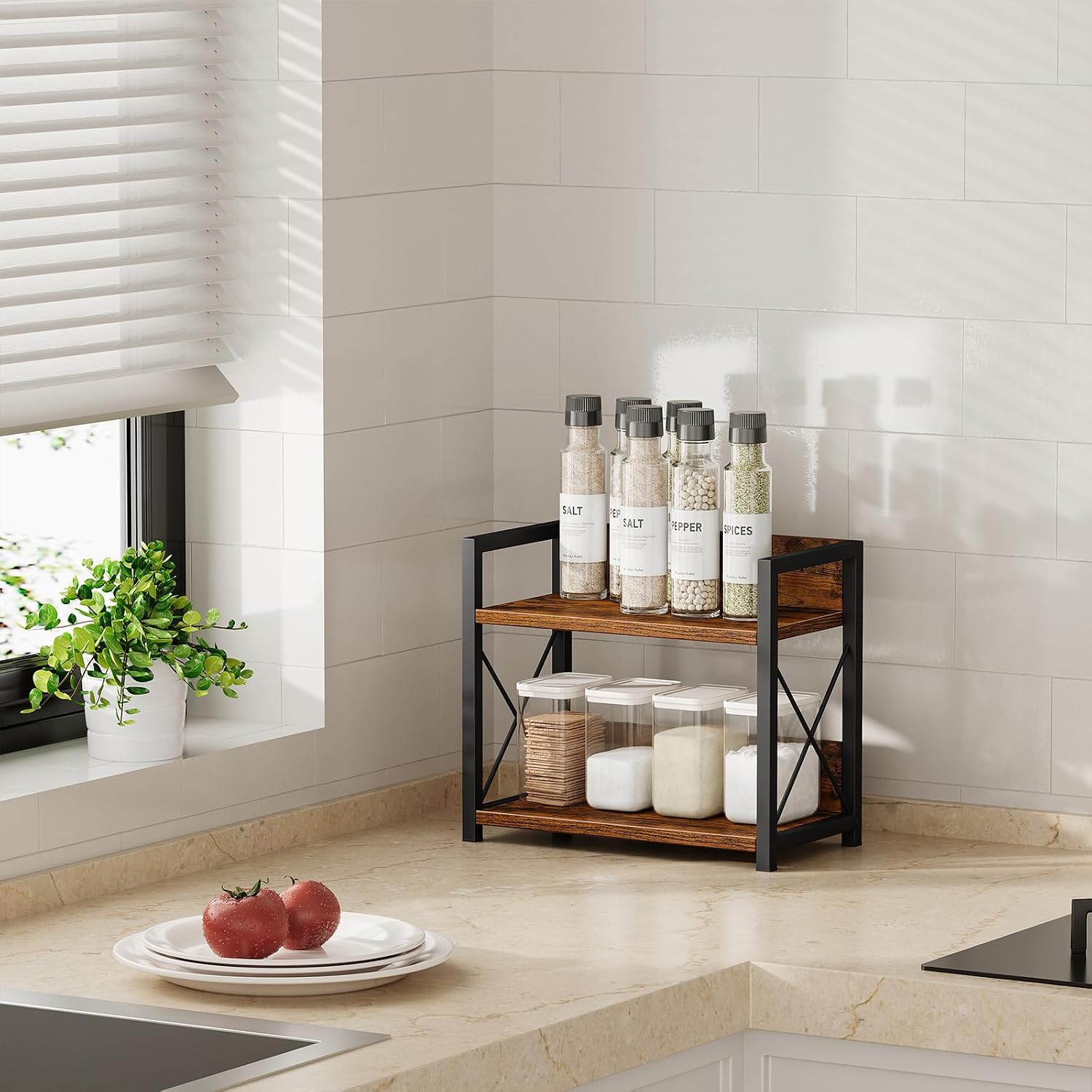 Giikin Countertop Shelf Organizer, 2 Tier Kitchen Spice Rack for Countertop, Wood Coffee Counter Shelf Organizer for