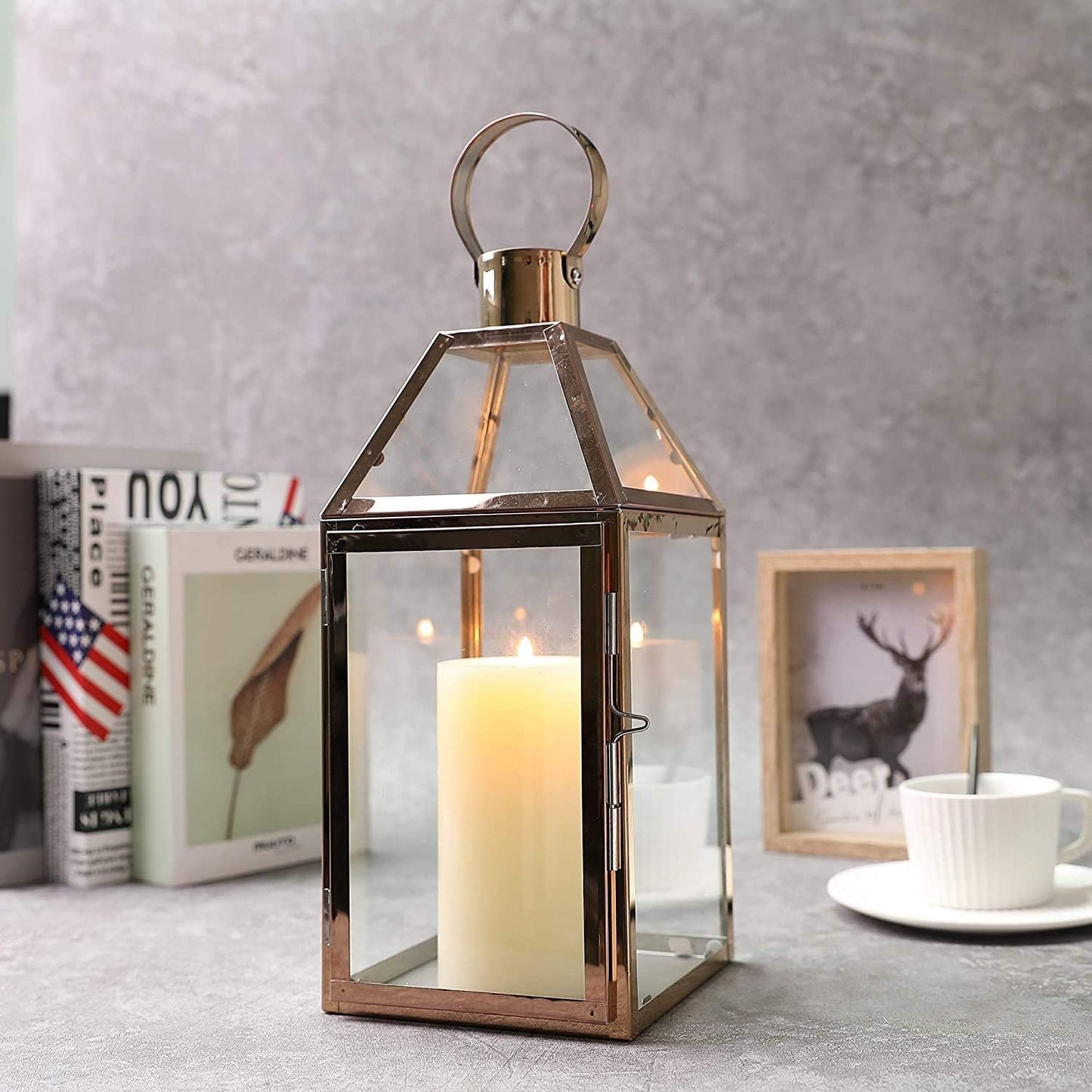 JHY Design Rose Gold Decorative Lanterns 16 inch High Stainless Steel Candle Lanterns with Tempered Glass for Indoor