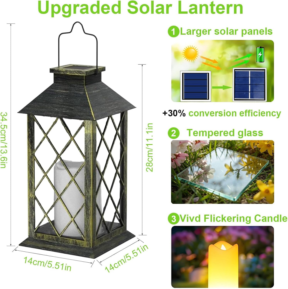 14" Large Tempered Glass Solar Lanterns Outdoor Waterproof | Bronze retro solar lantern with flickering flameless
