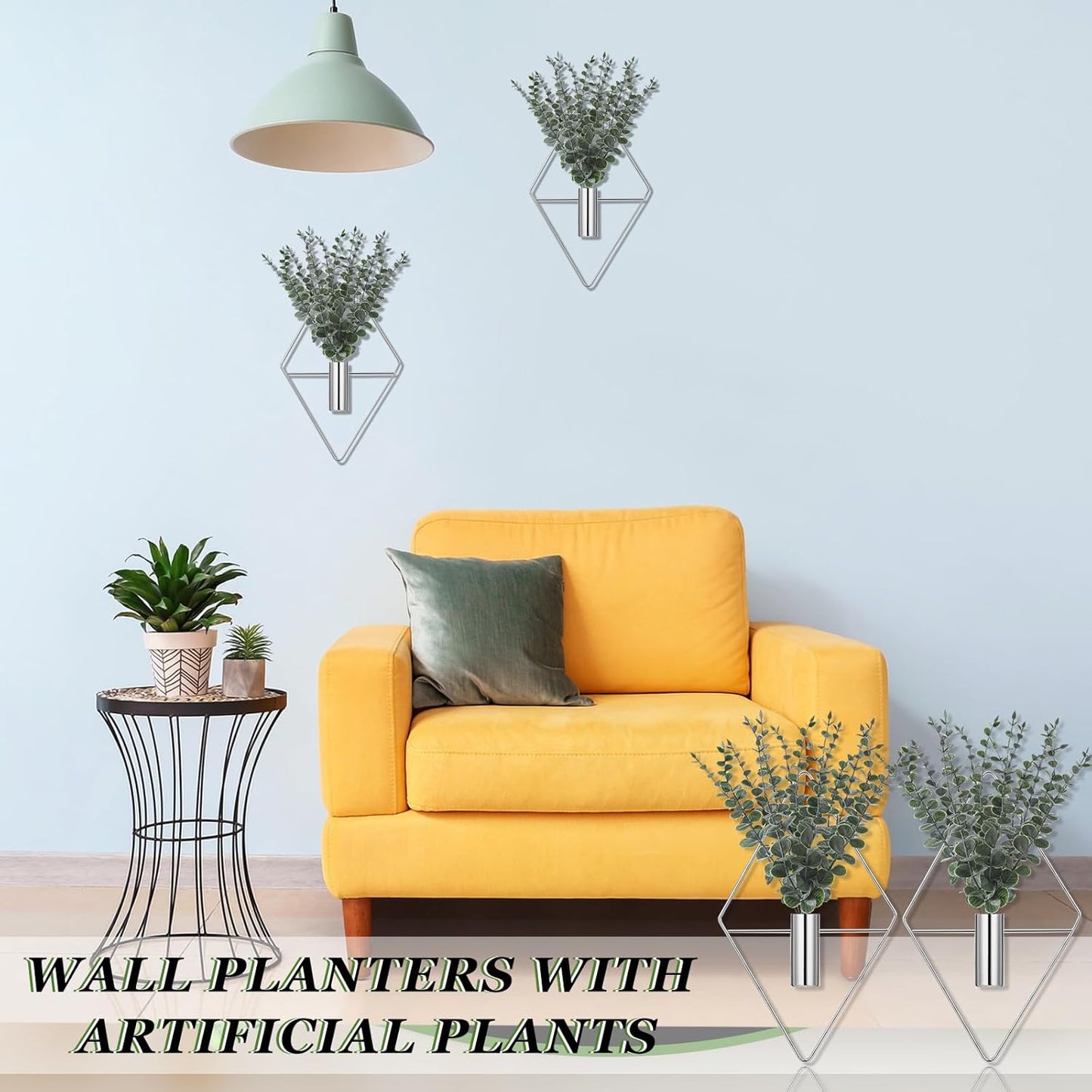 Chrome Wall Decor Metal Hanging Vase Indoor Plants / Chrome Sliver / Eucalyptus / Silver / Set of 4