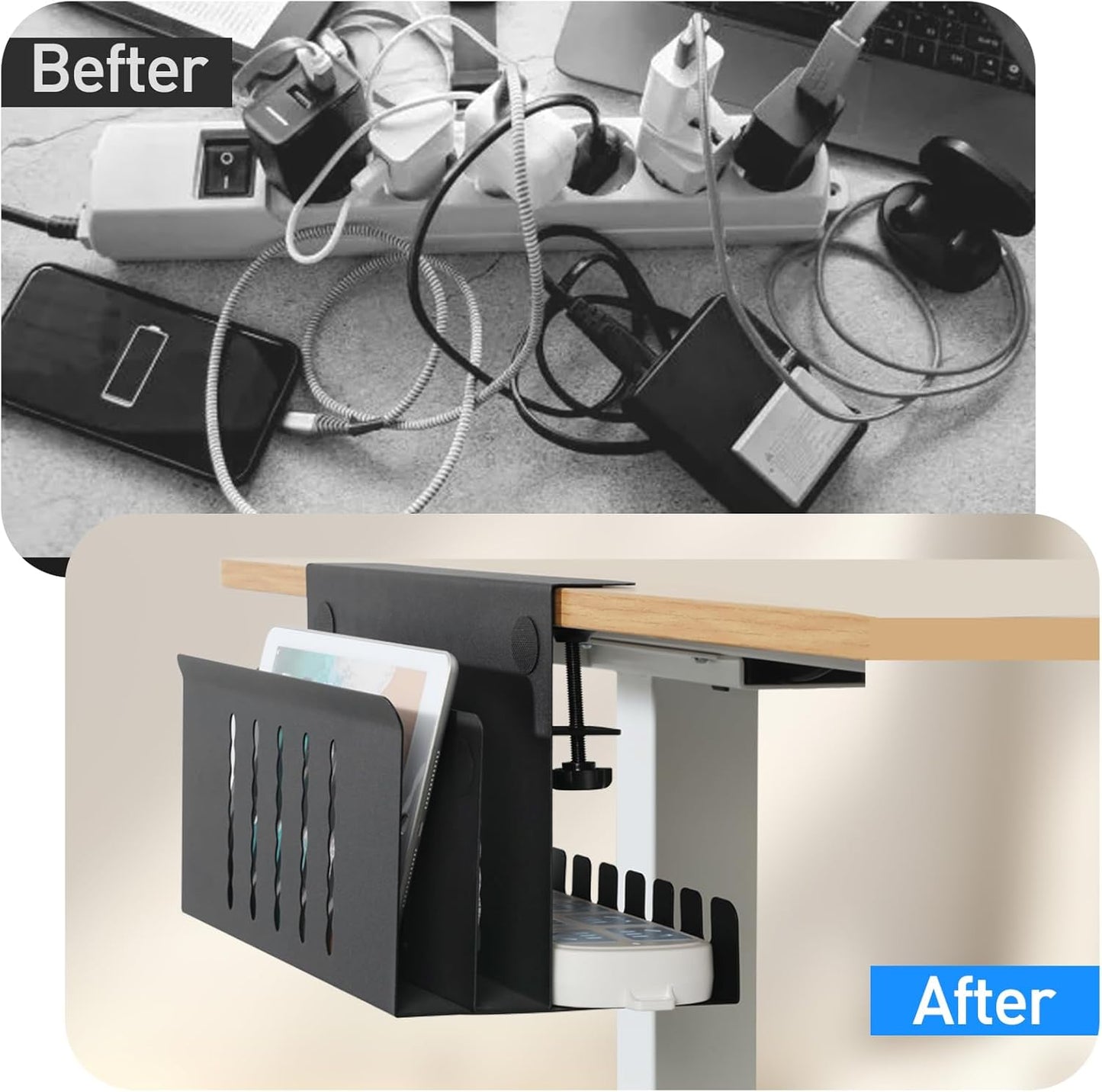 MAXECHO Desk Side Storage, Under Desk Laptop Mount, Table Side Hanging File Organizer, No Drill Clamp On Cable