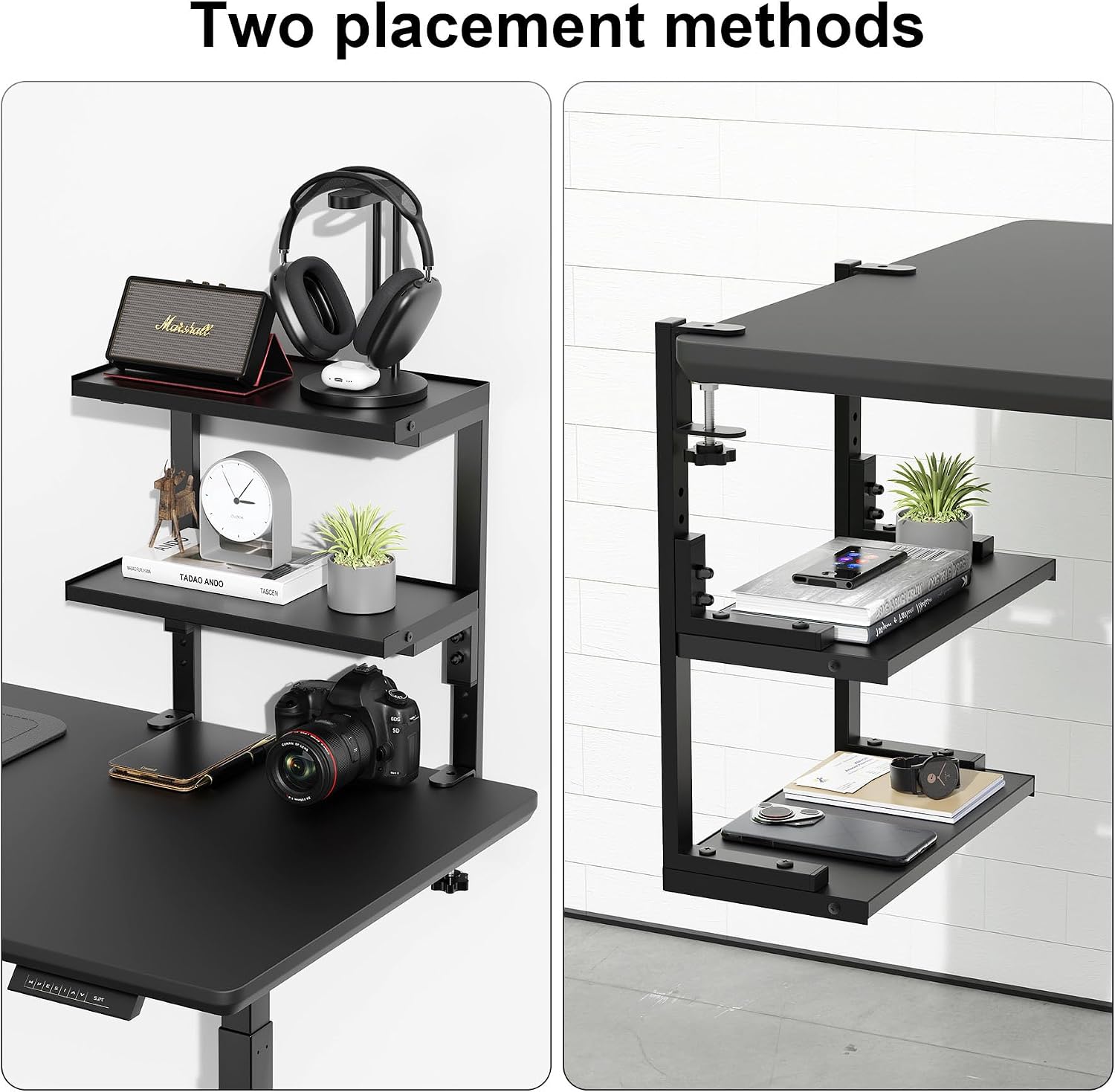 Spacrea 2 Tier Clamp on Desk Shelf | Office Desk Shelves Organizer, Wood Desktop Supplies Storage Rack, Desk Organizers