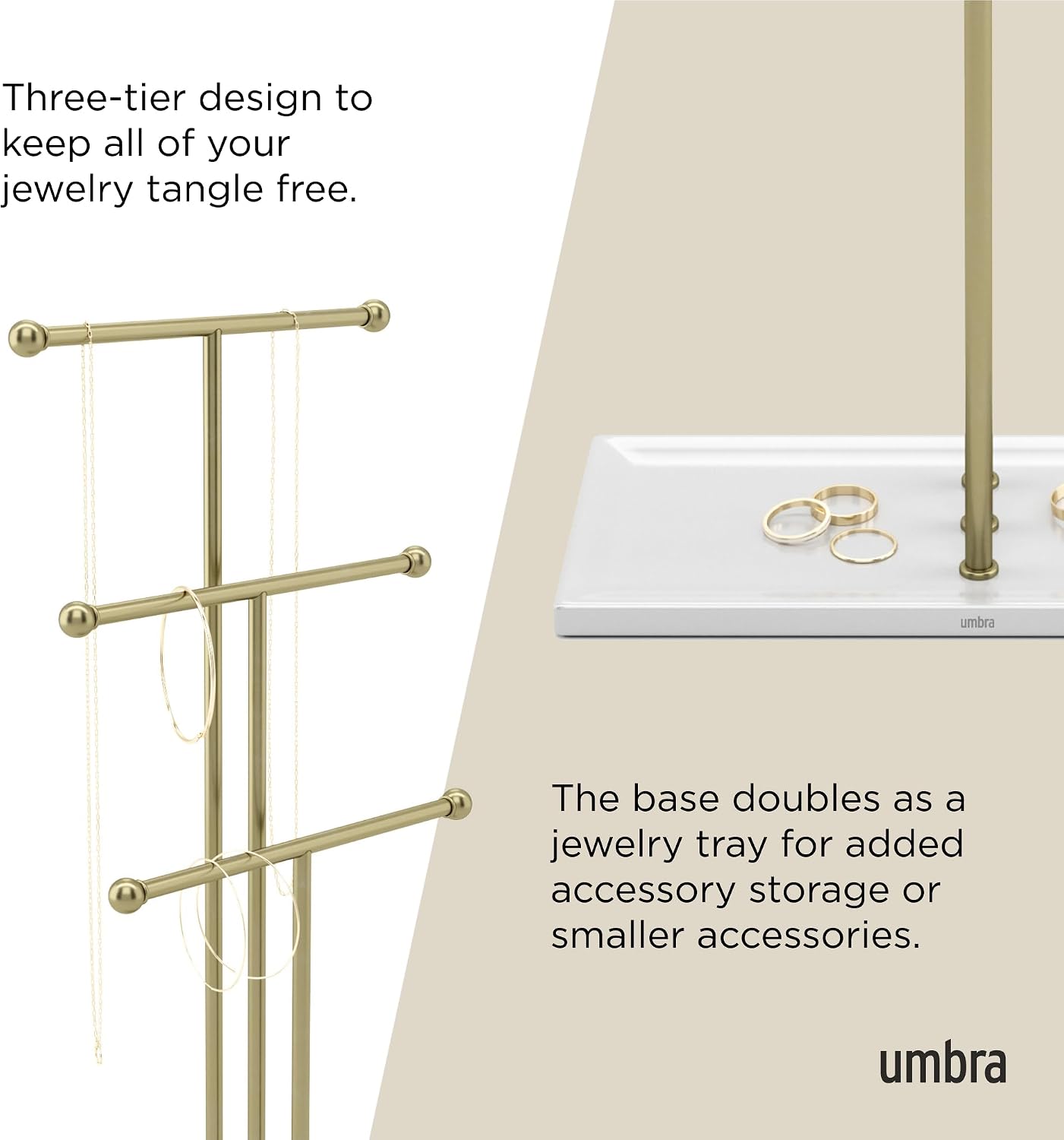 Trigem Hanging Jewelry Organizer Tiered Tabletop Free Standing Necklace Holder Display / White/gold