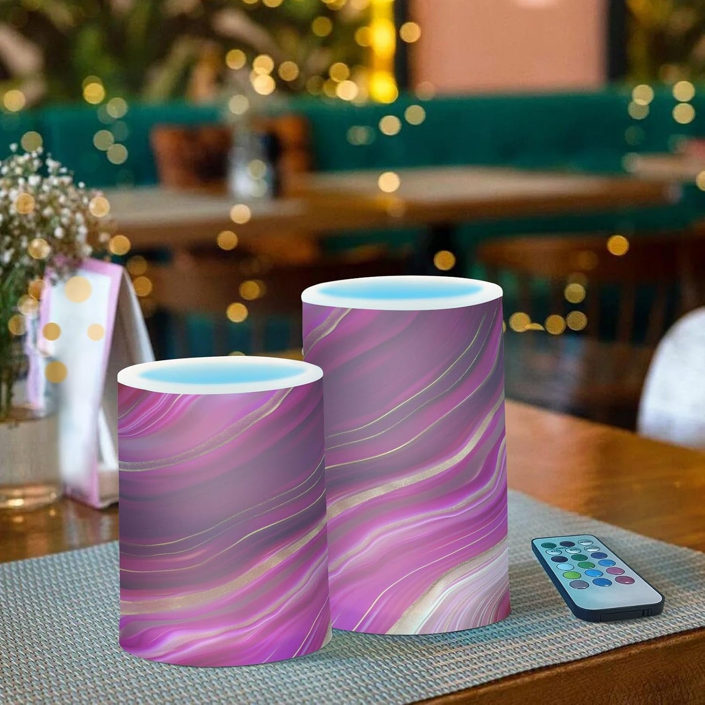 Flickering Flameless Candles, Fuchsia Gold Fluid Marble LED Candles with Remote Timer, Set of 2 Battery Operated Candle