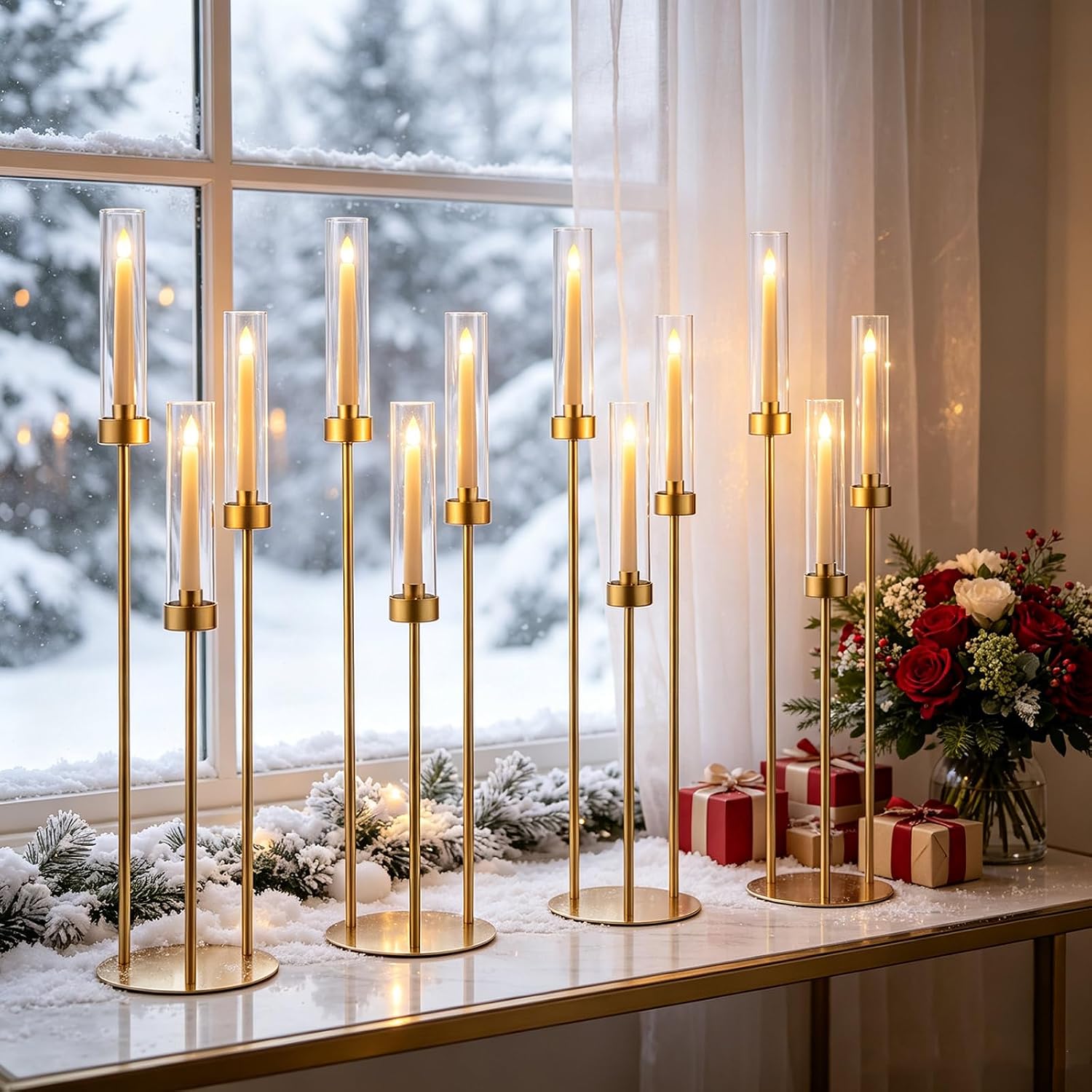 4PCS Gold 3-Arm Candelabra Centerpiece for Table 33.8in Metal | Candle Holder with Acrylic Lampshade,Fits LED Taper