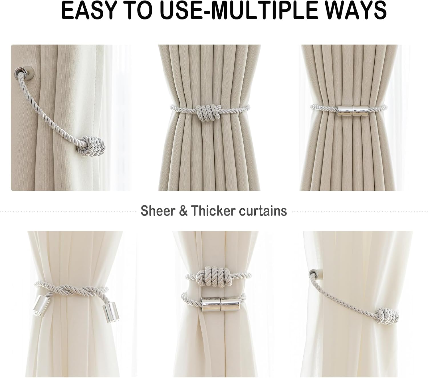 Curtain Tiebacks Magnetic Decorative Rope Tie Backs Holdbacks Contoeey | 8 Pack White Modern Elegant Window Treatment