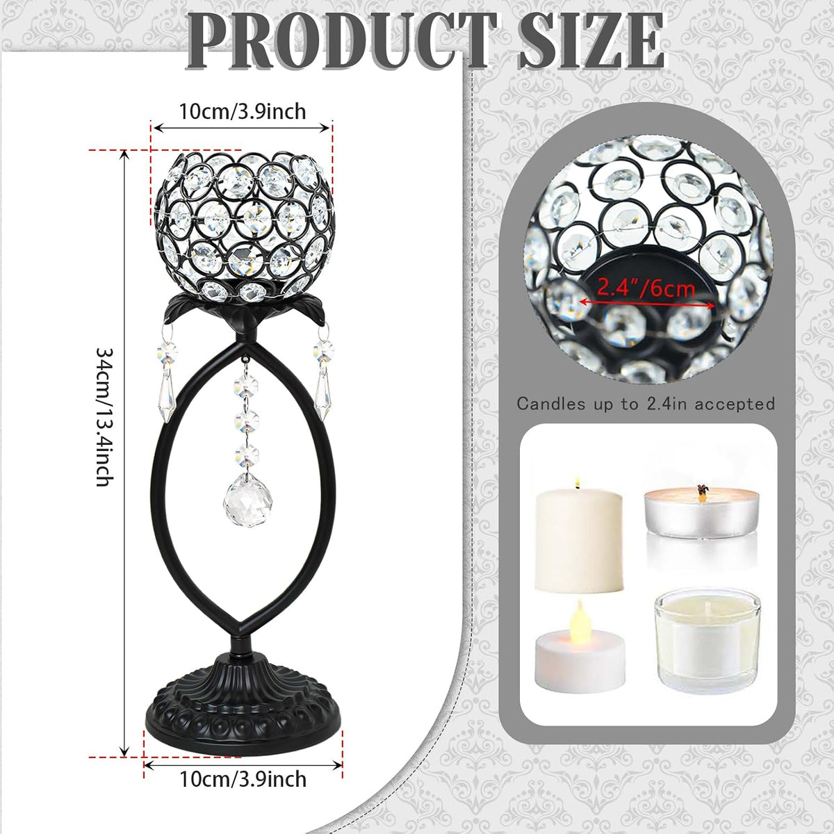 6 Pcs Black Elegant Metal Crystal Tea Light Candle Holders with Crystal Pendants, Hollow Design - Wedding Table