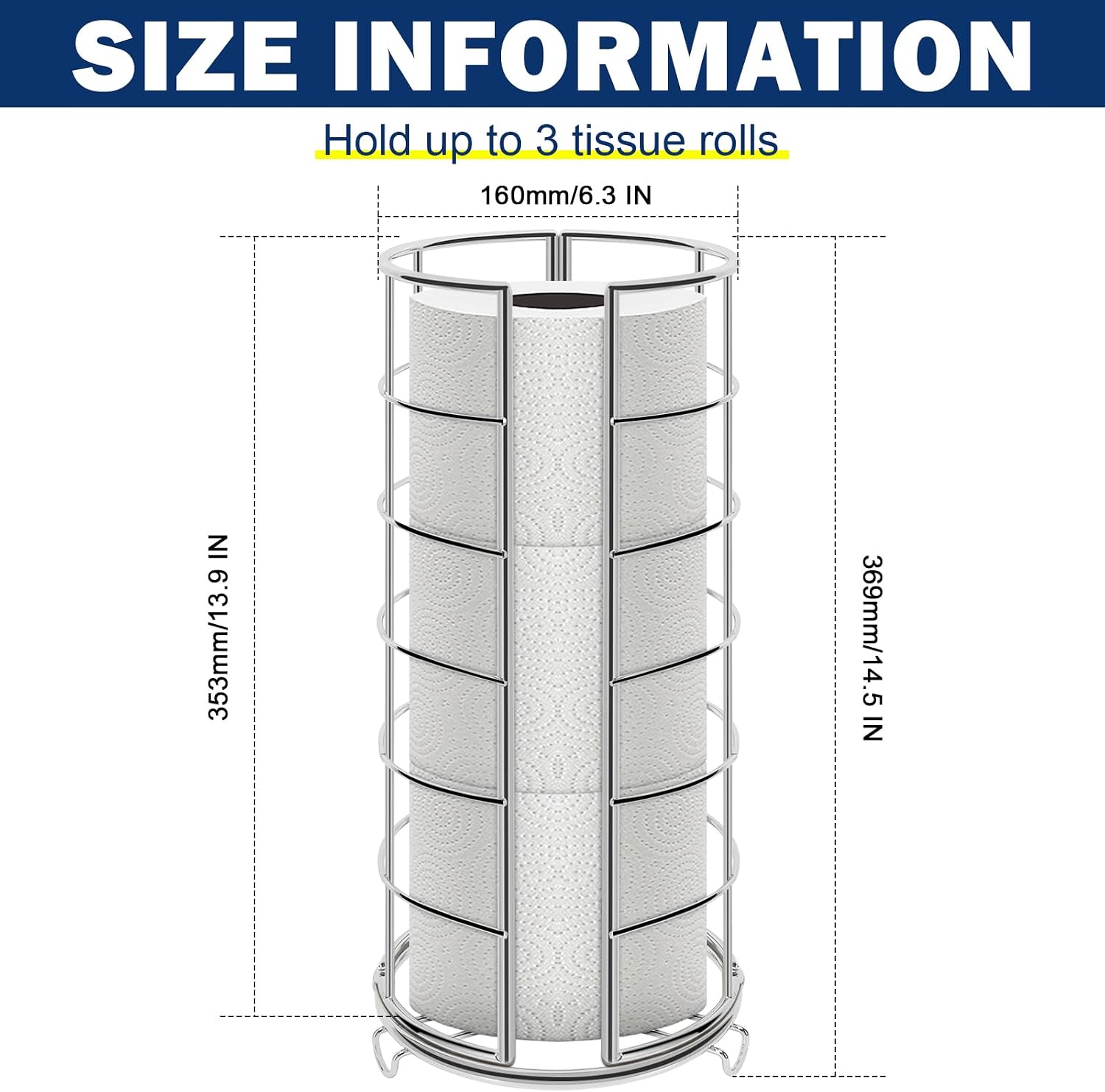 NearMoon Toilet Paper Organizer Stand, Free Standing 3 Rolls Tissue Storage, Metal Bathroom Accessory, Rustproof Toilet