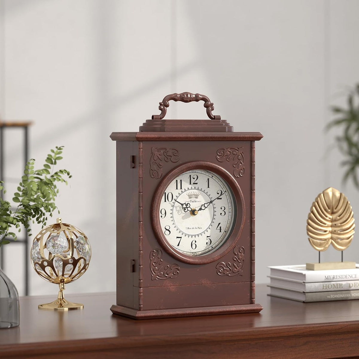 Vintage Mantel Clock with Hidden Safe, Antique Brown Style | Fireplace Clocks, Desk and Shelf Clock for Living Room