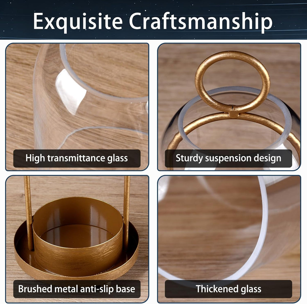 Metal Candle Holder,Hurricane Glass Candle Holders,Brass Base Dome Glass | 5""&4"" Handmade Pillar Candle Glass